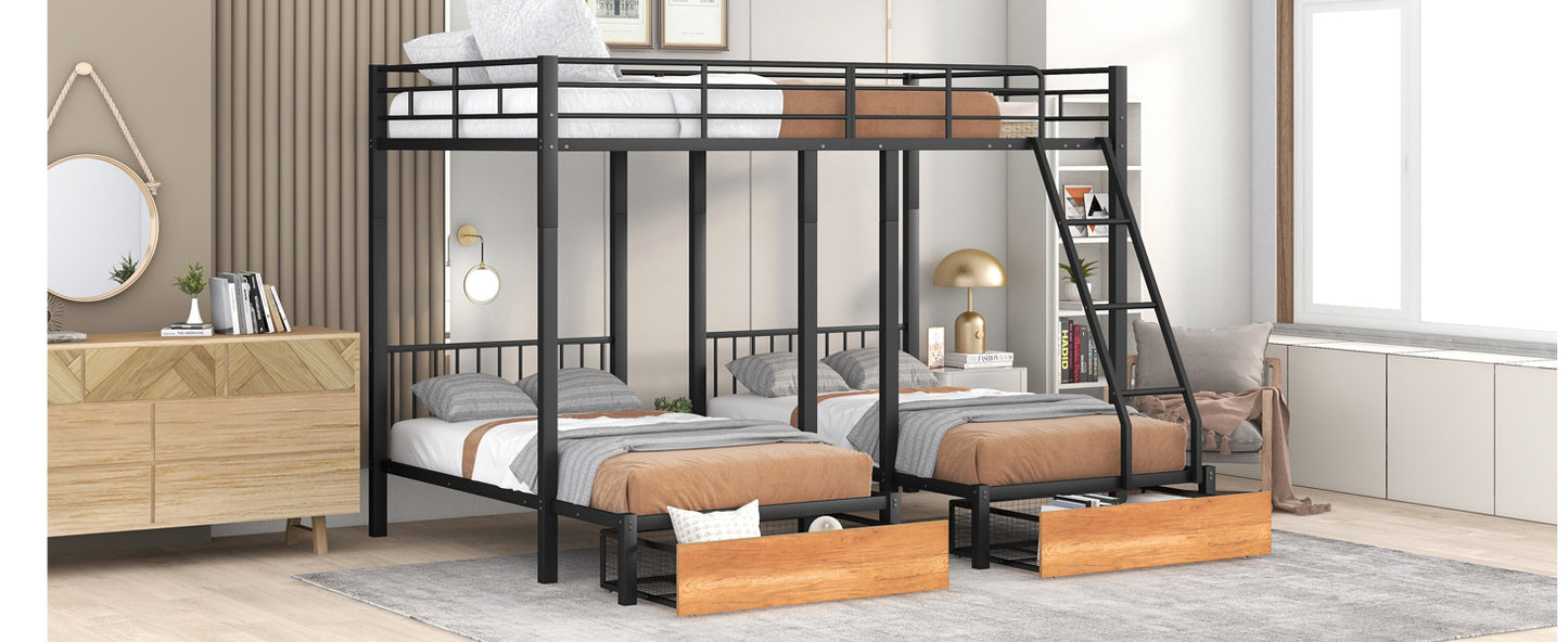 Black Metal Triple Bunk Bed with Storage and Safety Features - Space-Saving Full over Twin & Twin Bunk Bed