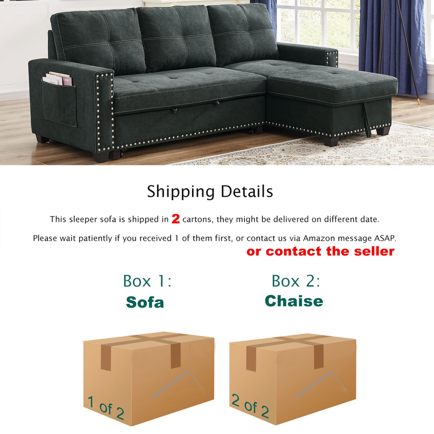 Sleeper Sofa Sectional with Reversible Storage Chaise and Side Storage Bag, Black Fabric, Modern Design