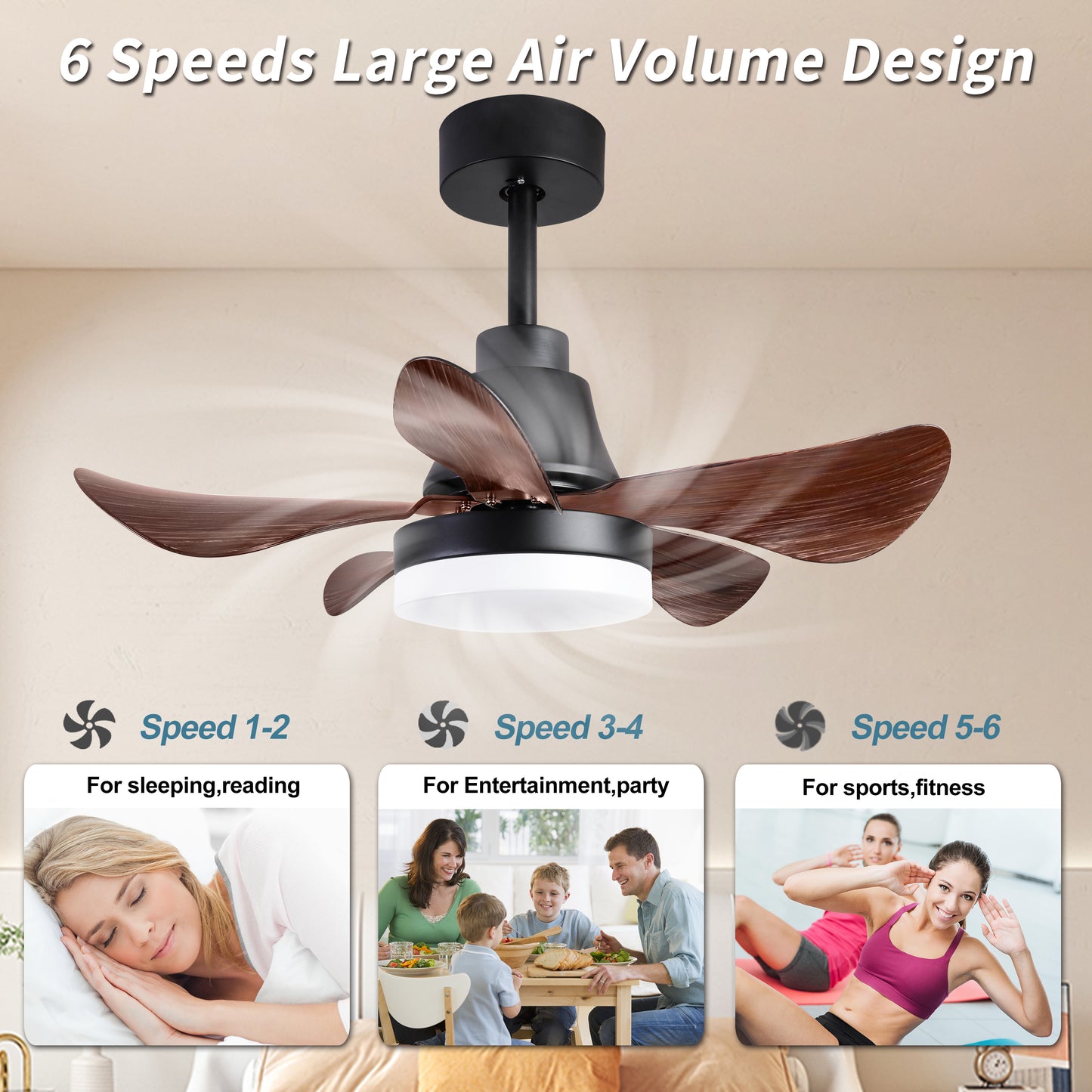 28 inch Modern Black Ceiling Fan with Remote Control and LED Light - 6 Speeds and 3 Colors