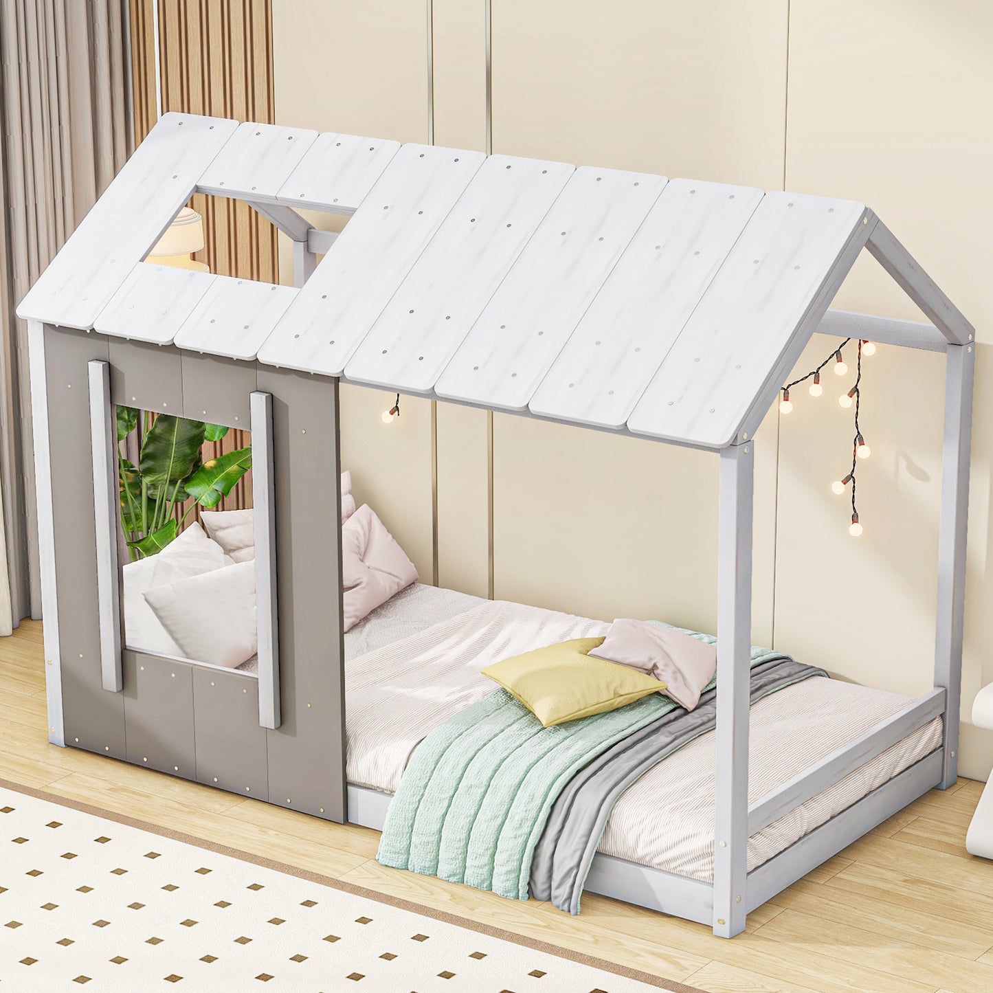 Twin Size House Platform with Roof and Window, White+Antique Grey(: WF294130AAE)