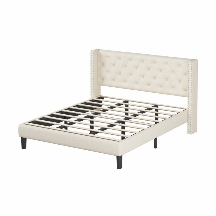 Molblly King Size Bed Frame with Upholstered Headboard, Strong Frame, and Wooden Slats Support, Non-Slip, and Noise-Free, No Box Spring Needed, Easy Assembly, Beige