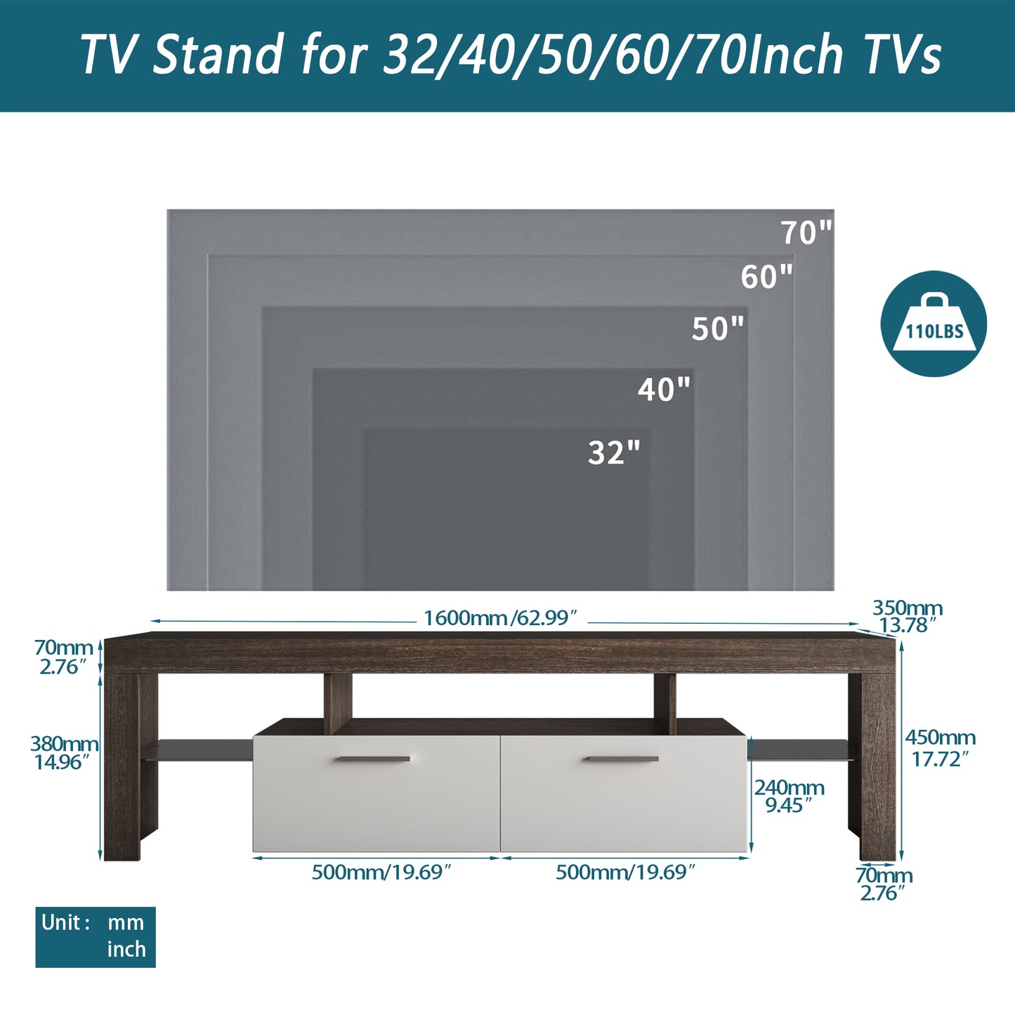 Modern Brown TV Stand with LED Lights and Toughened Glass Shelf