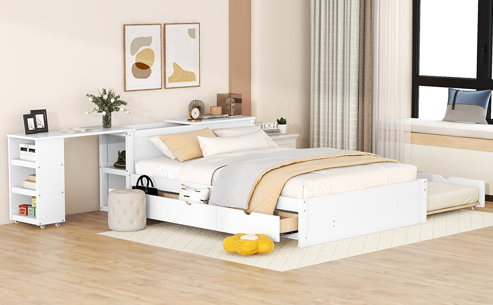 Full Size Platform Bed With a Rolling Shelf, White