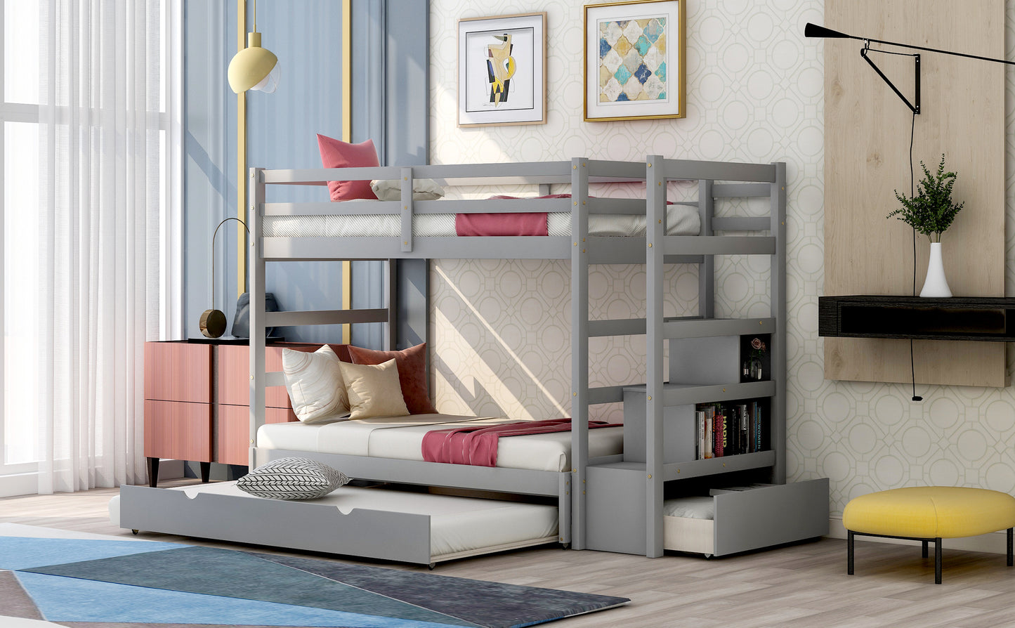 Gray Stairway Bunk Bed with Trundle and Storage