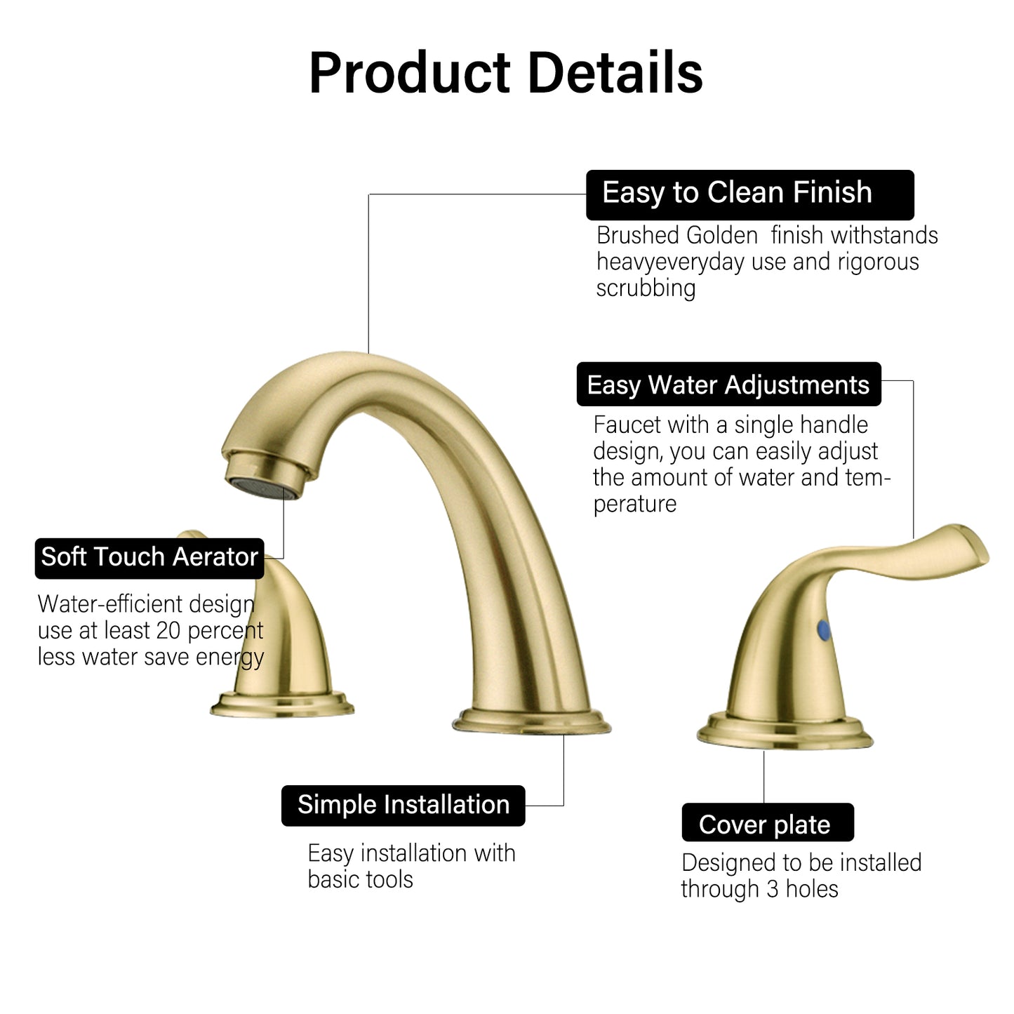 Elegant Brushed Golden Bathroom Sink Faucet with 3 Holes and 2 Handles