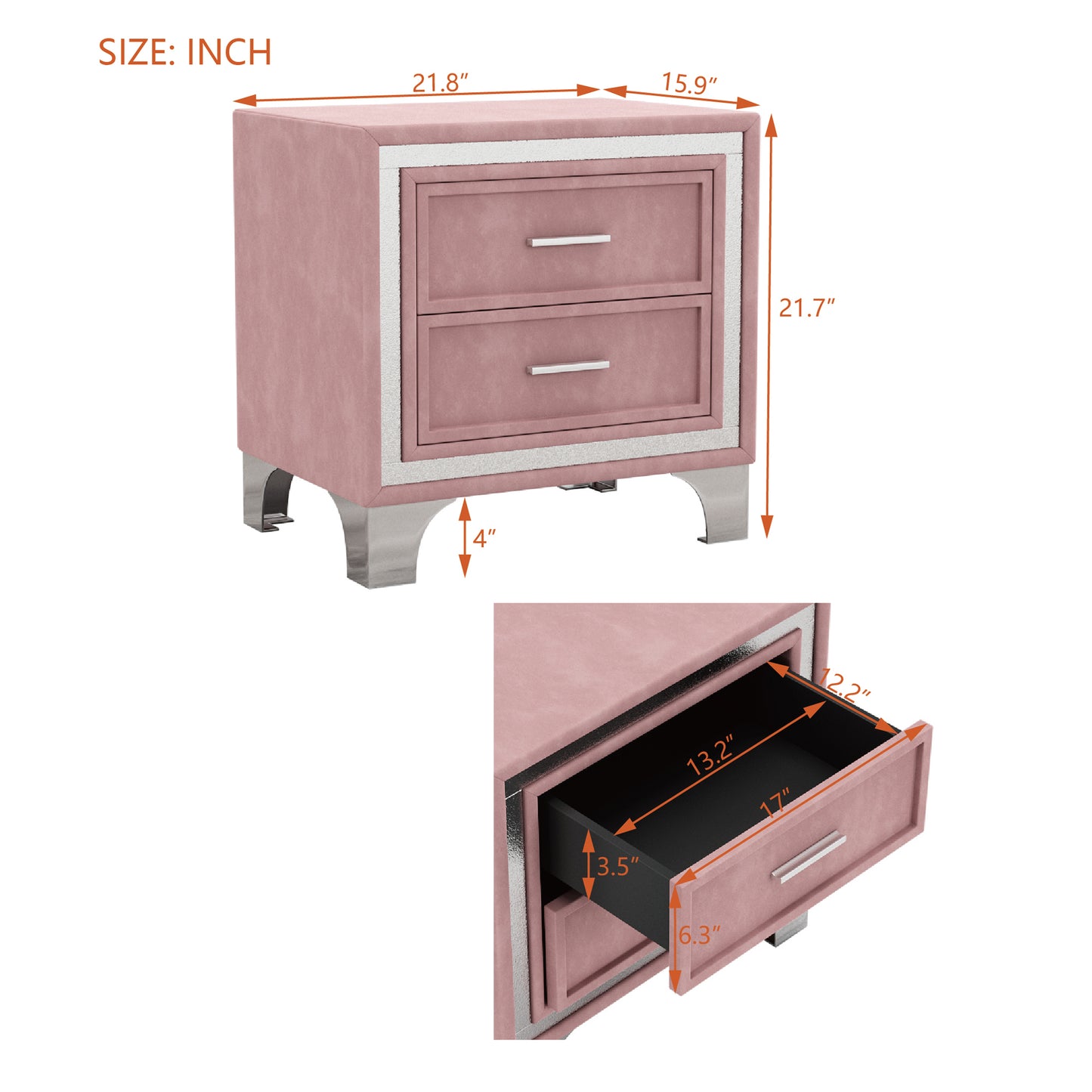 2-Drawer Nightstand with Metal Legs for Bedroom, Mid Century Nightstand Fully Assembled Except Legs and Handles,Velvet Bedside Table-Pink