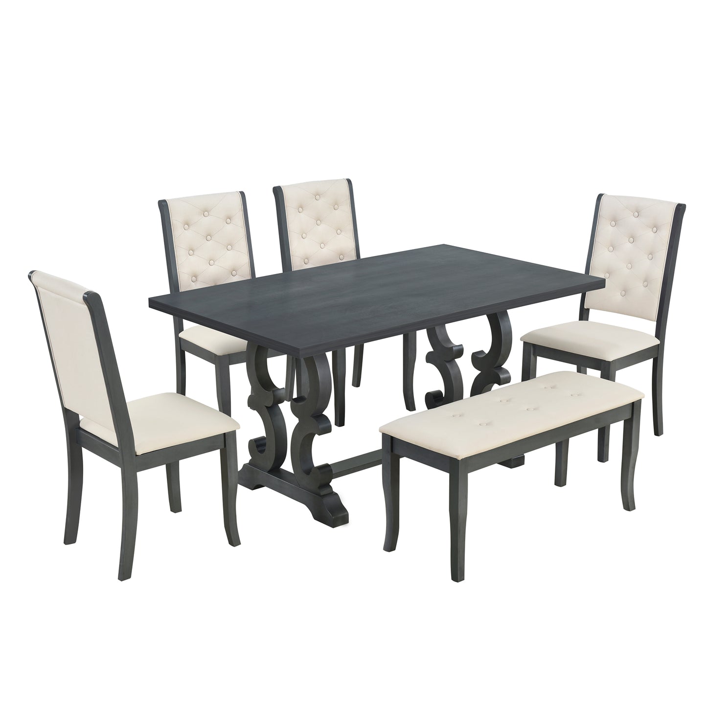 TREXM 6-Piece Retro Dining Set with Unique-designed Table Legs and Foam-covered Seat Backs&Cushions for Dining Room (Antique Grey)