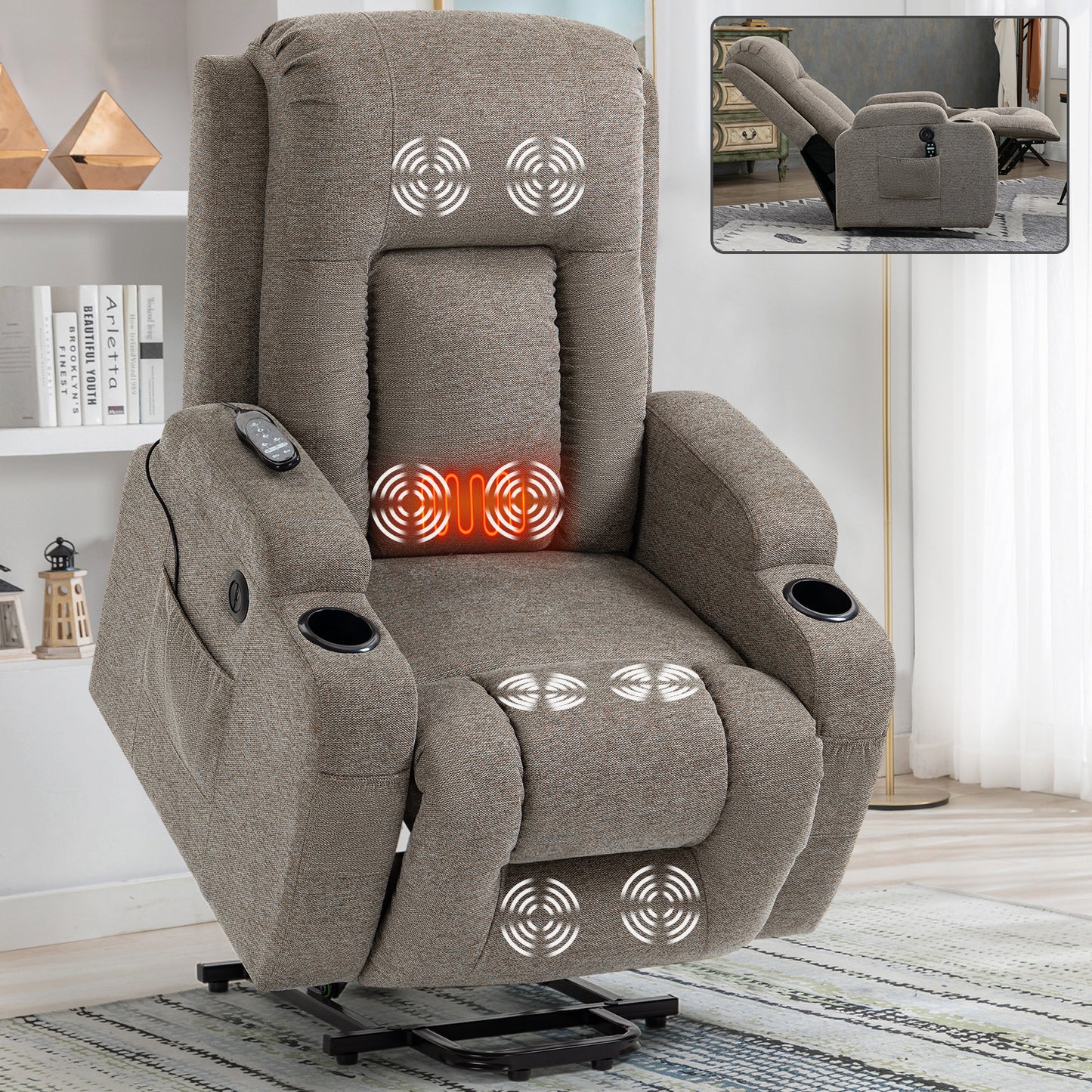 Electric Brown Recliner Chair with Lift, Massage, and Lumbar Heating