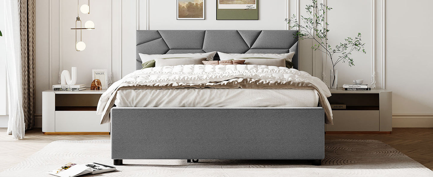 Queen Size Upholstered Platform Bed with Brick Pattern Headboard and Twin XL Size Trundle, Linen Fabric, Gray