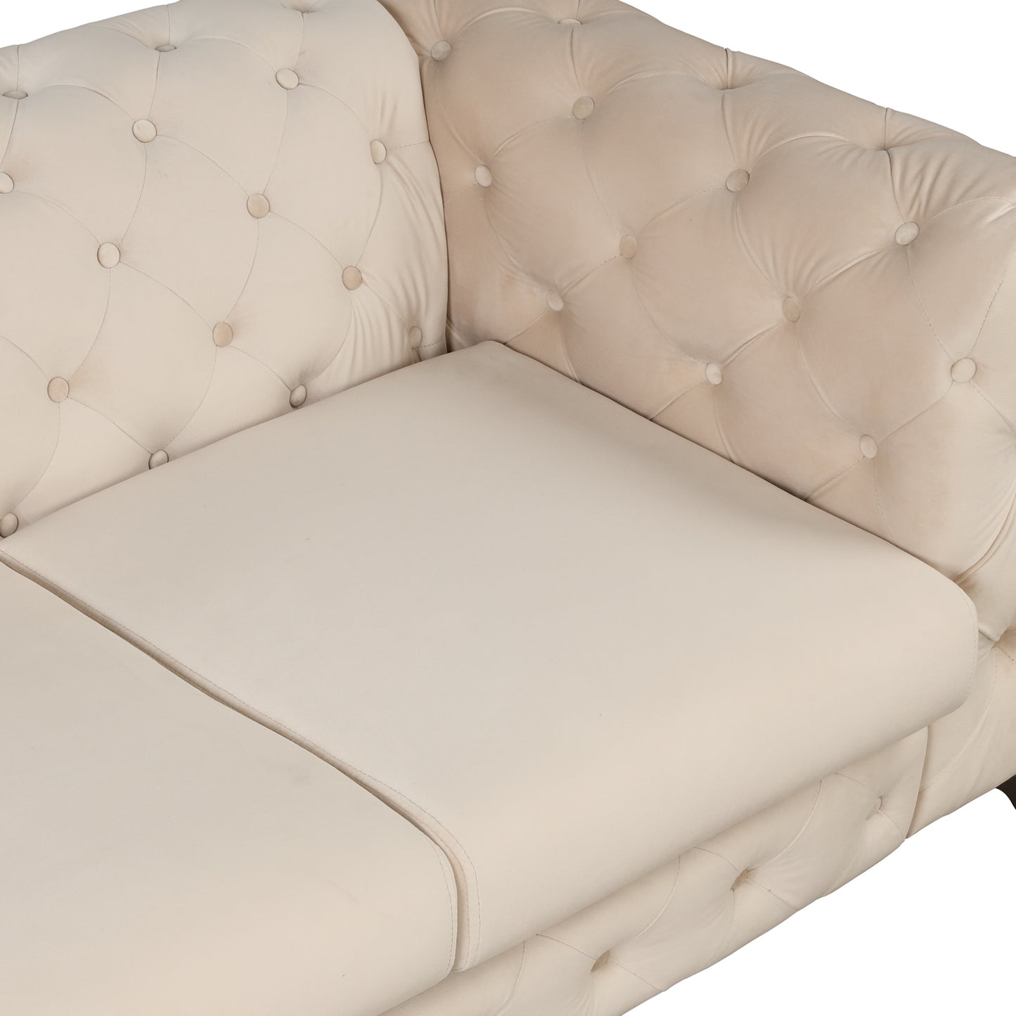 85.5 Beige Velvet Upholstered 3-Seater Sofa with Button Tufted Back