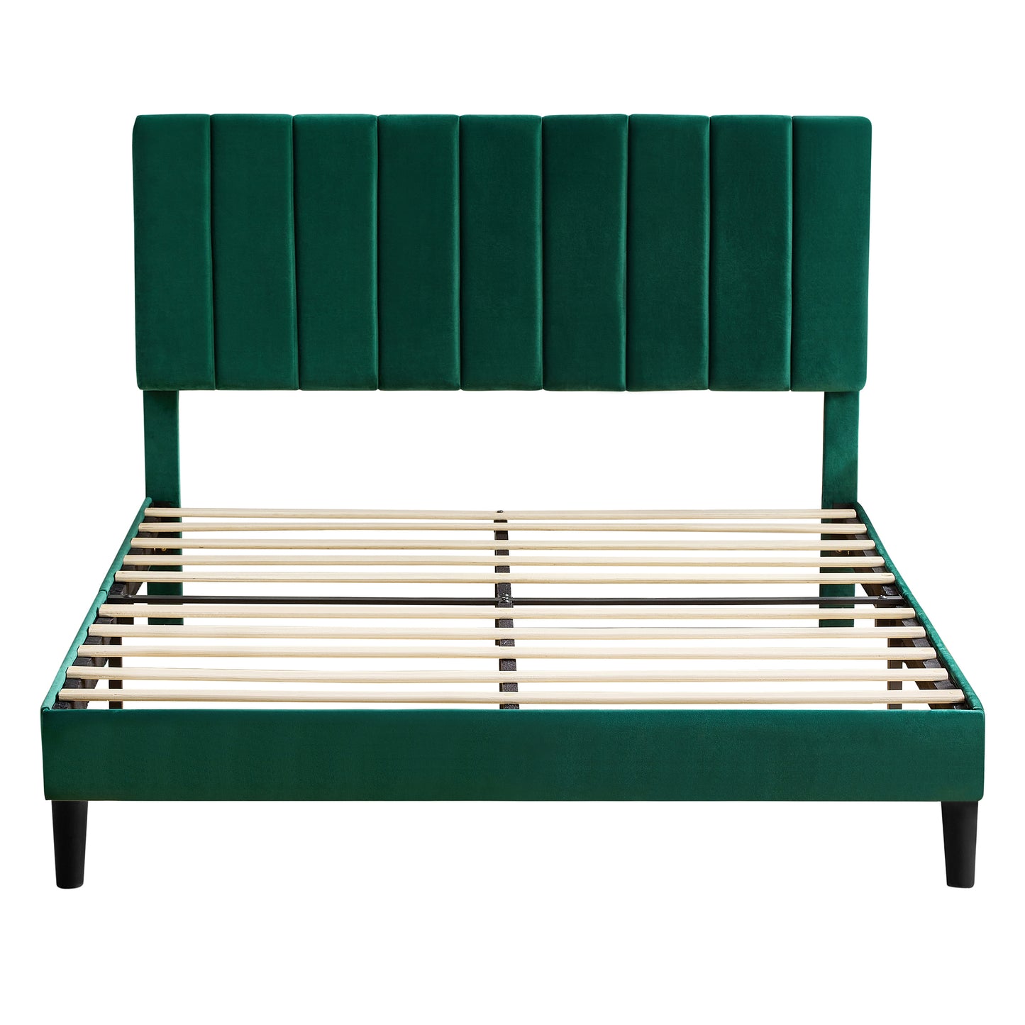 Queen Size Platform Bed with Upholstered Headboard and Slat Support, Heavy Duty Mattress Foundation, No Box Spring Required, Easy to Assemble, Green