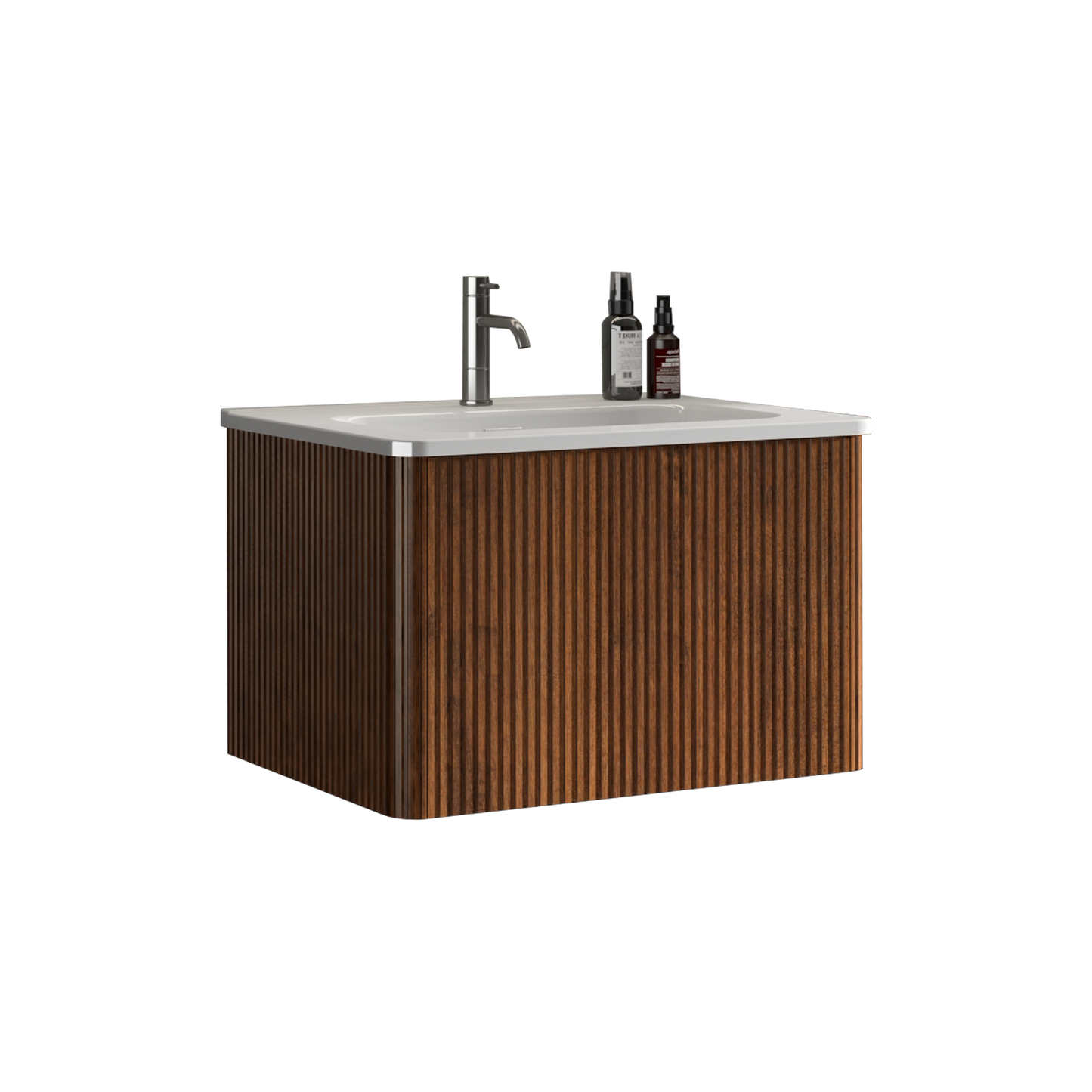 U046-Etna24W-305 Etna 24" Striped Walnut Bathroom Vanity with White Ceramic Sink, Wall Mounted Floating Bathroom Vanity for Modern Bathroom, One-Piece White Sink Basin without Drain and Faucet