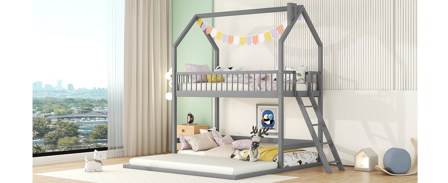 House-Shaped Twin Bunk Bed with Trundle, Ladder, and Artistic Design