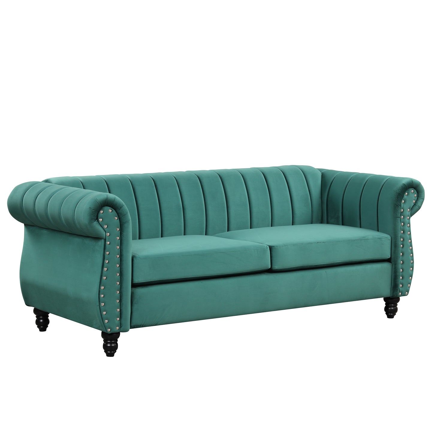 82.5 Modern Green Upholstered Chesterfield Sofa with Solid Wood Legs