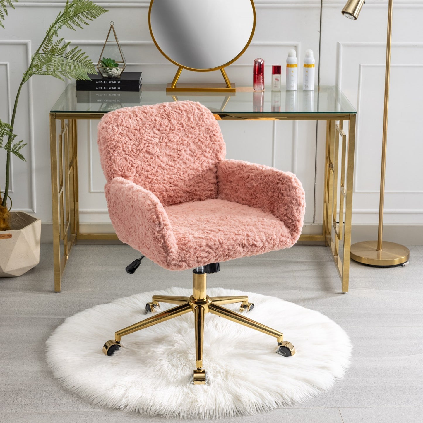 A&A Furniture Office Chair,Artificial rabbit hair Home Office Chair with Golden Metal Base,Adjustable Desk Chair Swivel Office Chair,Vanity Chair(Pink)