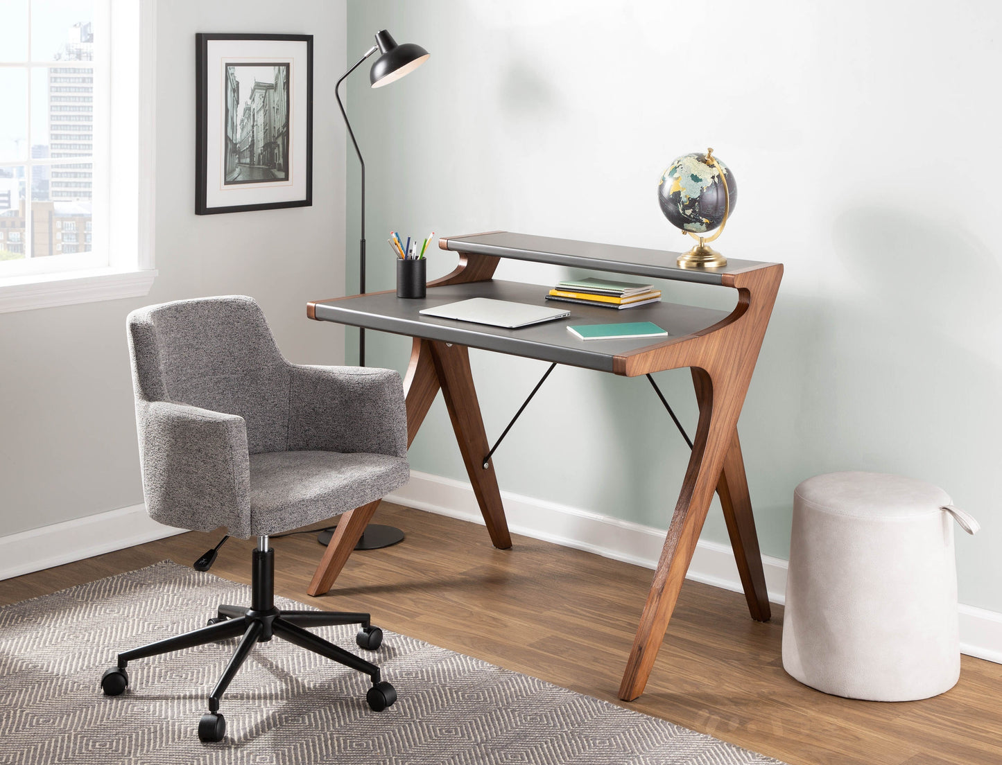 Archer Contemporary Walnut and Grey Wood Desk with Raised Hutch by LumiSource