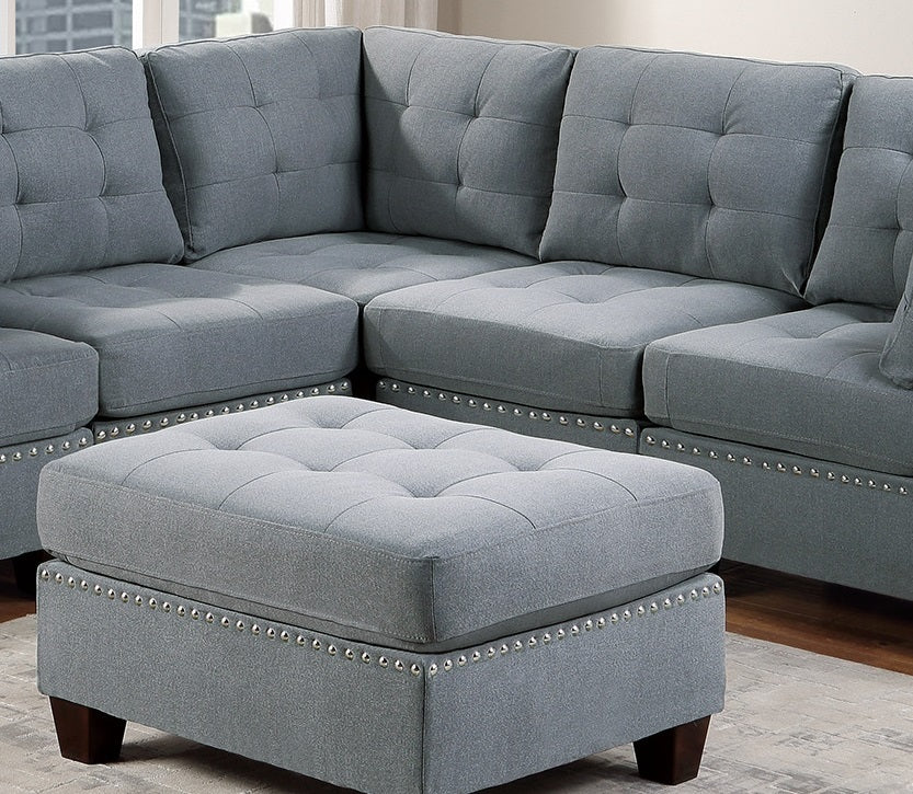 Elegant Gray Linen Modular Sectional Living Room Set with Tufted Nail Heads