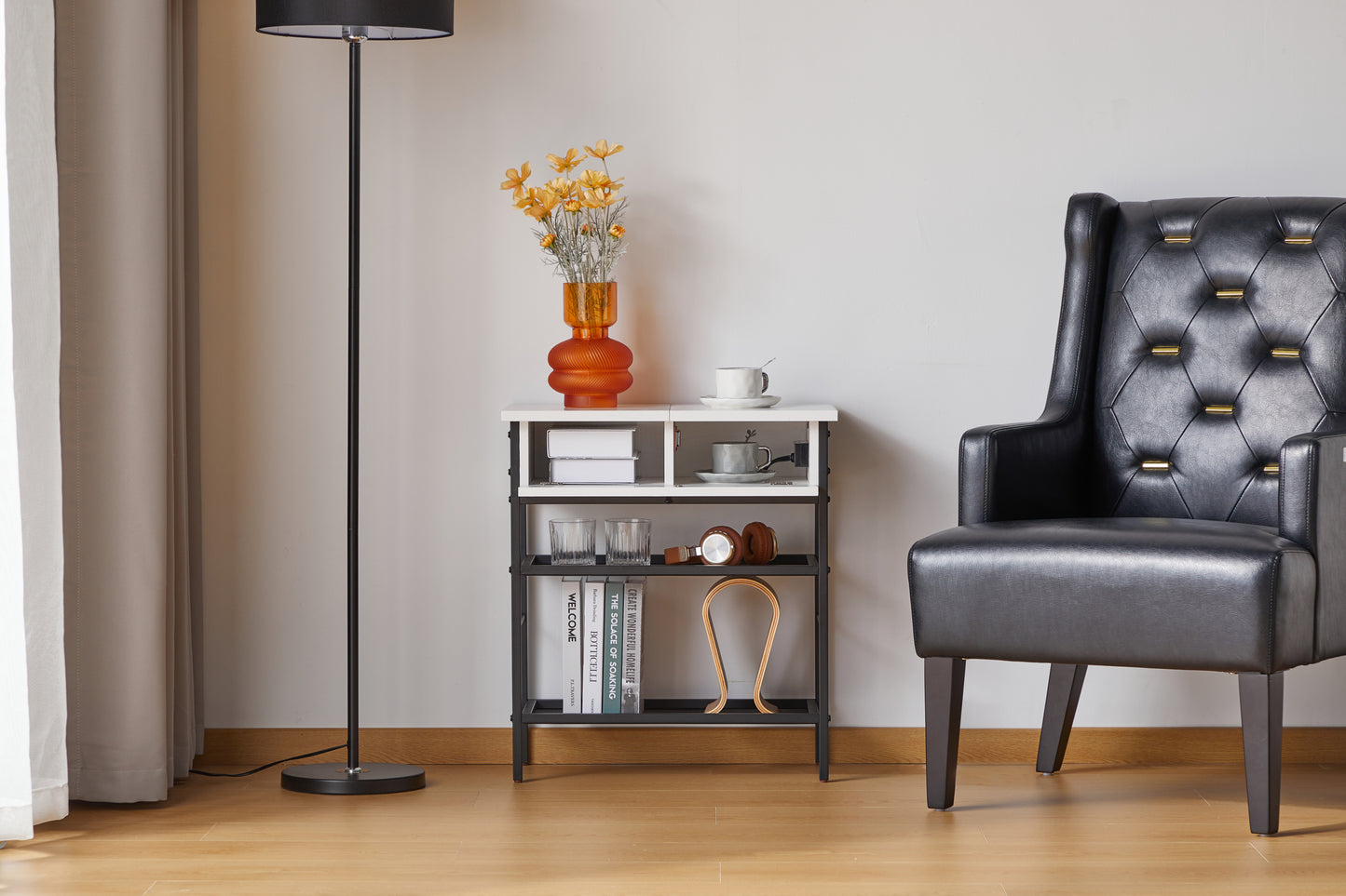 Sleek White End Table with Charging Station for Living Room and Bedroom