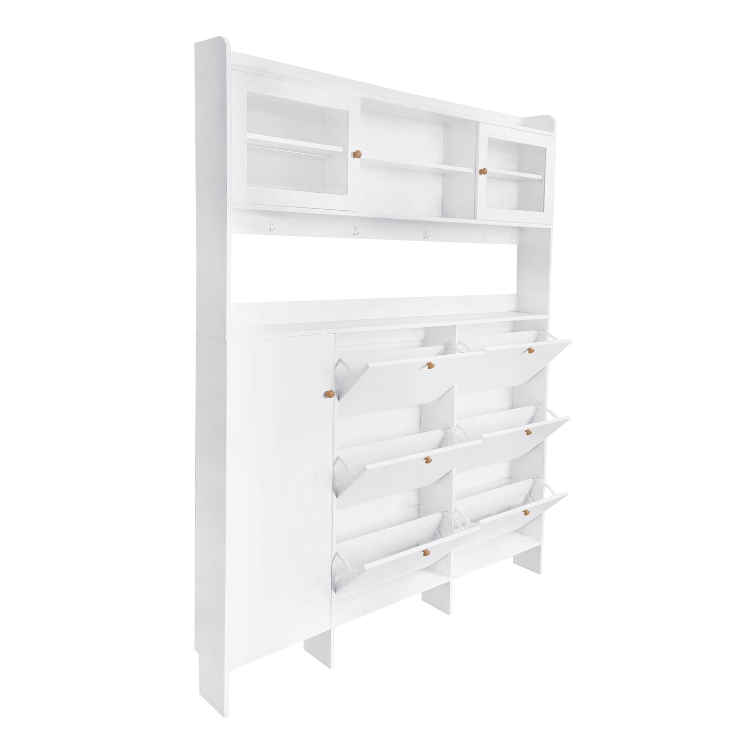 Multifunctional Shoe Cabinet with Storage Shelf & 6 Flip Drawers, Modern Large Hall Tree with Tempered Glass Doors, Elegant Foyer Cabinet with 4 Hooks for Hallway, White