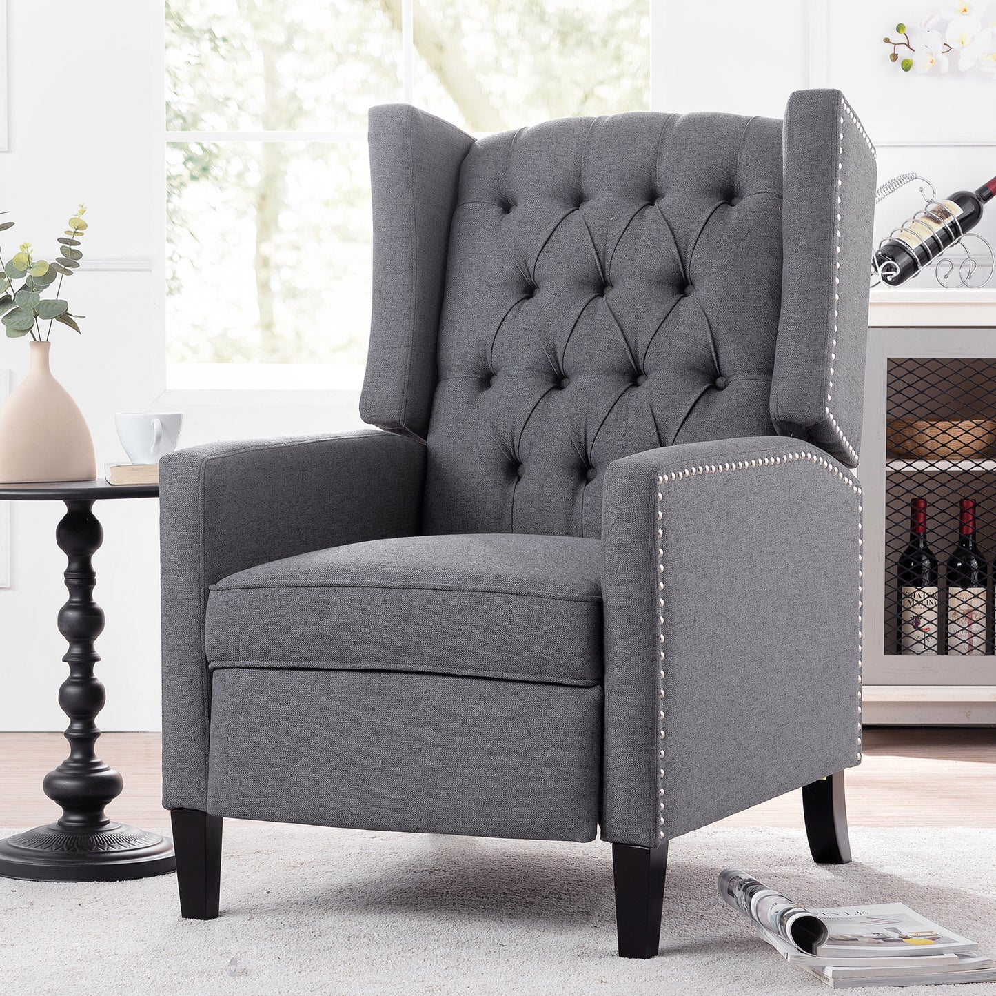 27.16 Inch Grey Fabric Wing Chair Recliner with Adjustable Backrest