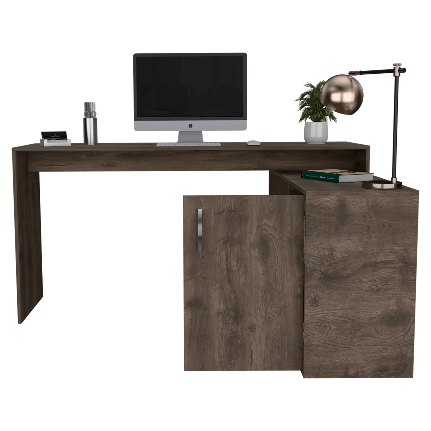 L-Shaped Dark Brown Office Desk with Storage Cabinet and Shelves