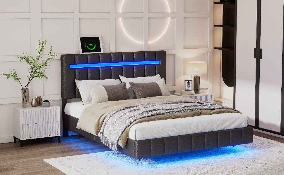 Full Size Floating Bed Frame with LED Lights and USB Charging,Modern Upholstered Platform LED Bed Frame,Black(Full)