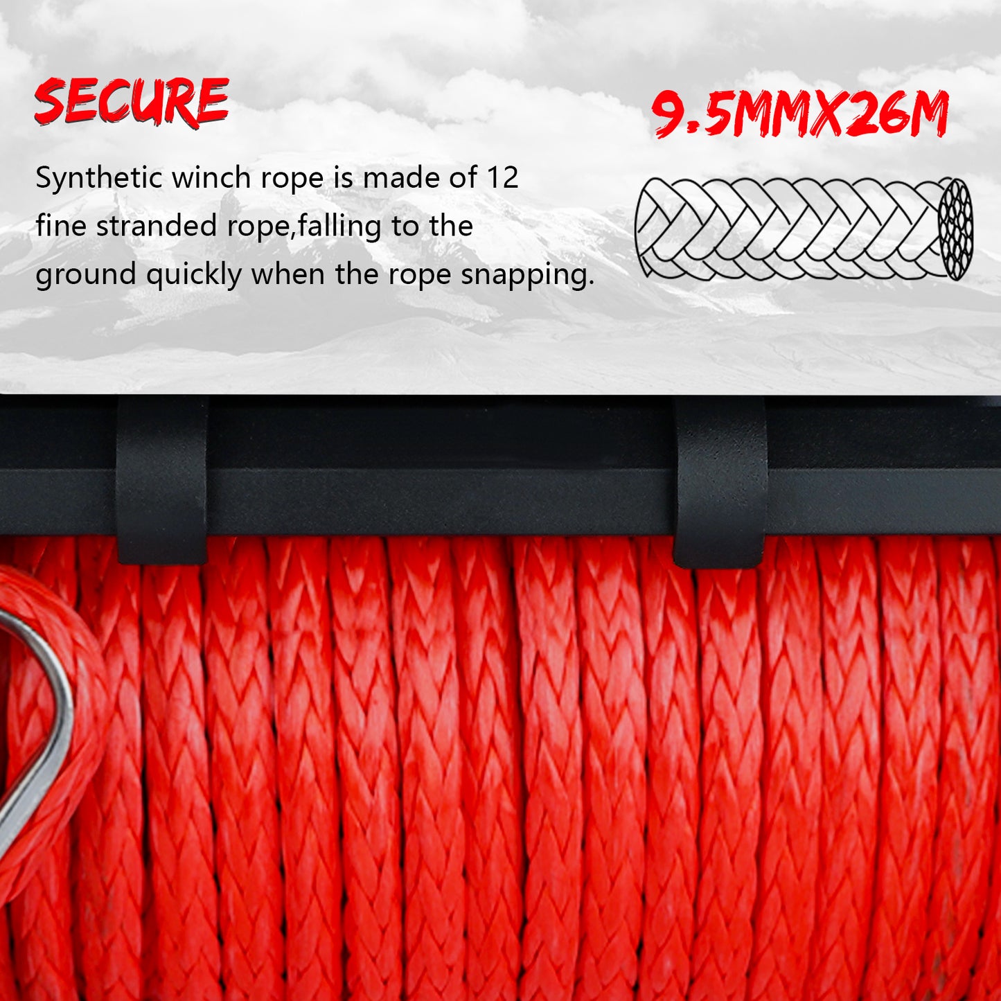 Electric Winch 10000 LBS 12V Synthetic Rope Load Capacity Red Rope Jeep Towing Truck Off Road