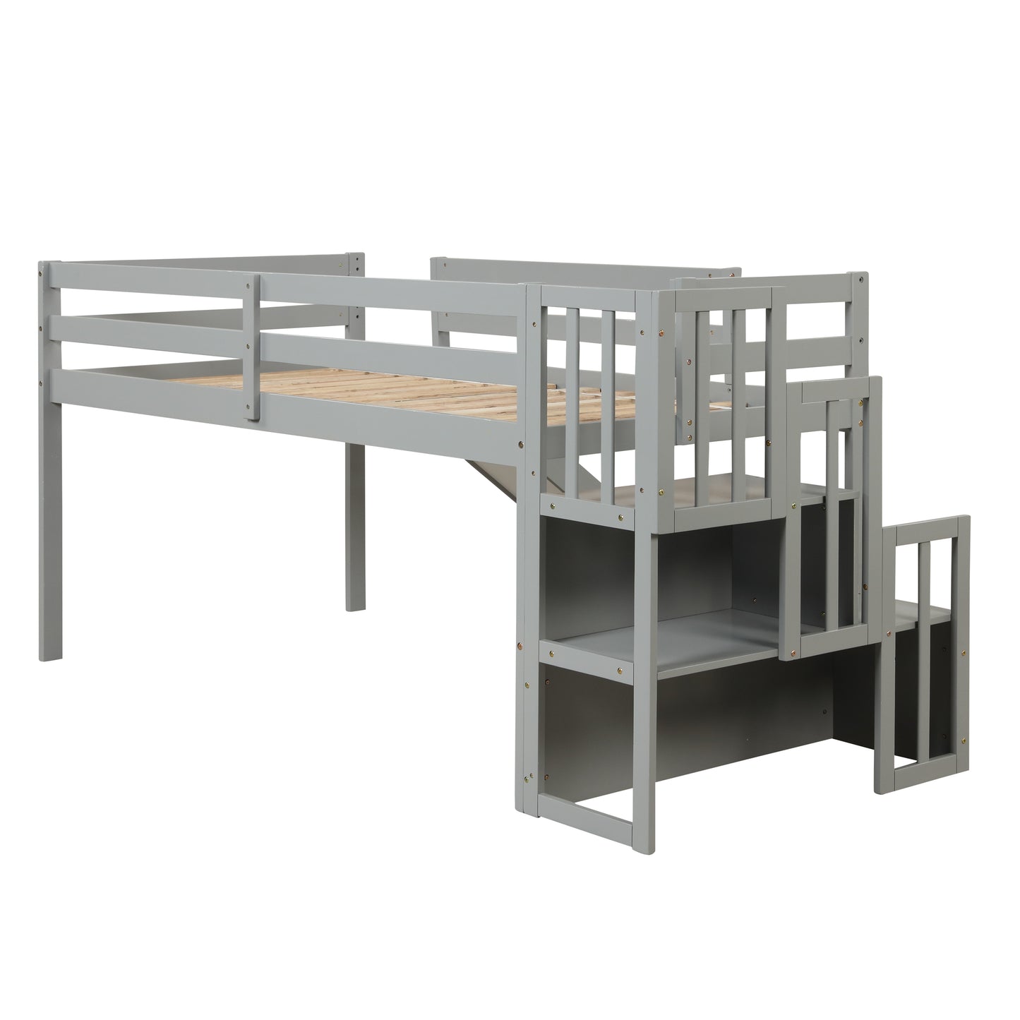 Loft Bed with Staircase, Storage, Slide, Twin size, Full-length Safety Guardrails, No Box Spring Needed, Grey