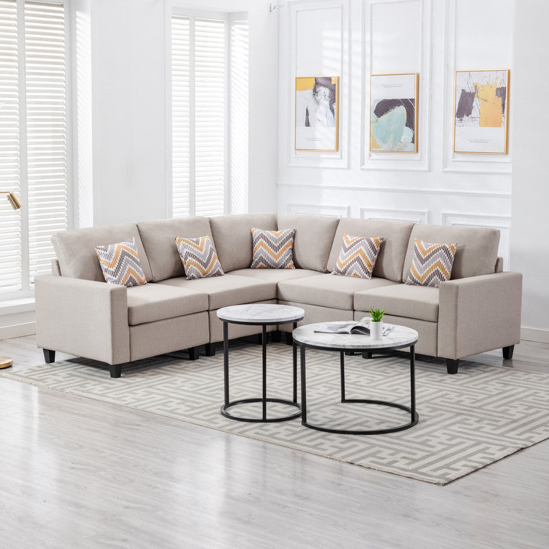 Nolan Beige Linen Fabric 5-Piece Reversible Sectional Sofa Set with Accent Pillows and Customizable Legs