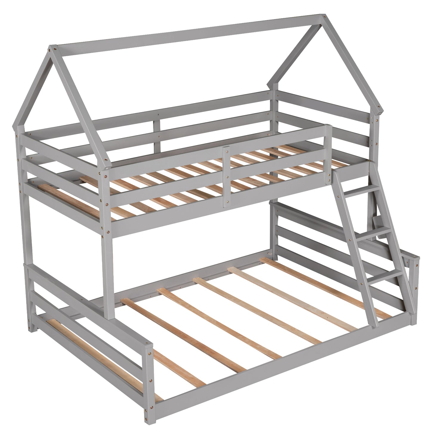 Gray Twin over Full House Bunk Bed with Loft Ladder