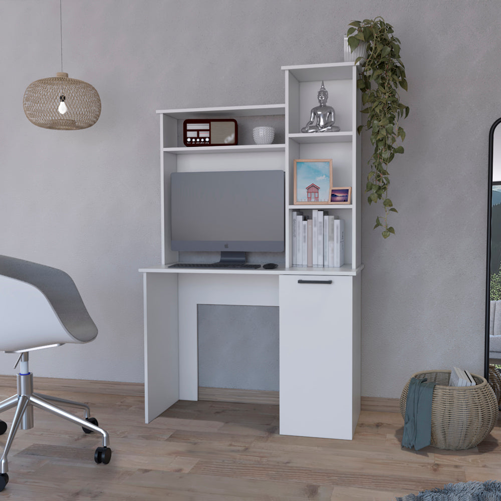 Elegant White Office Desk with Integrated Hutch and Versatile Storage Options