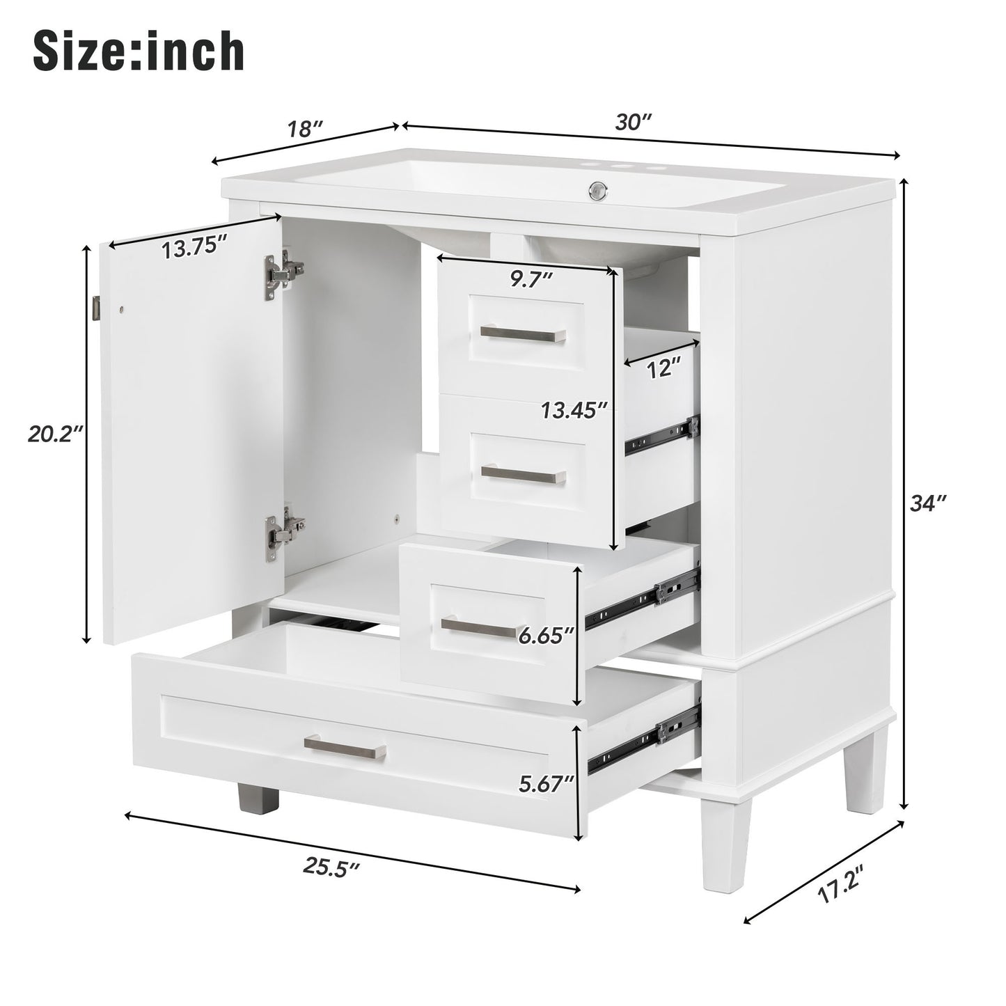 30" Bathroom Vanity , Modern Bathroom Cabinet with Sink Combo Set, Bathroom Storage Cabinet with a Soft Closing Door and 3 Drawers, Solid Wood Frame(White)