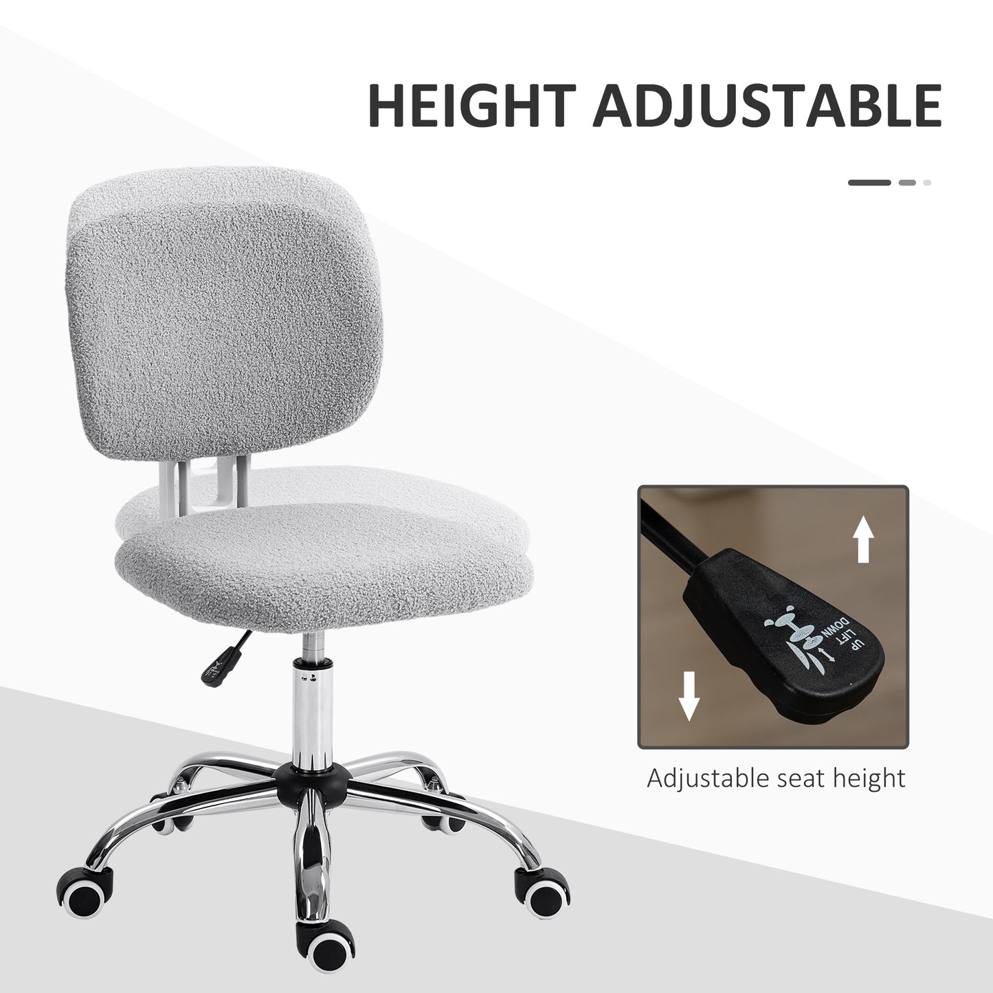 Vinsetto Cute Armless Office Chair, Teddy Fleece Fabric Computer Desk Chair, Vanity Task Chair with Adjustable Height, Swivel Wheels, Mid Back, Light Gray