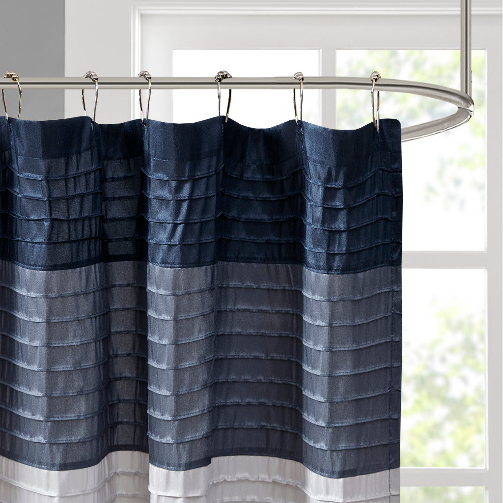 Navy Faux Silk Shower Curtain with Elegant Pintucked Design