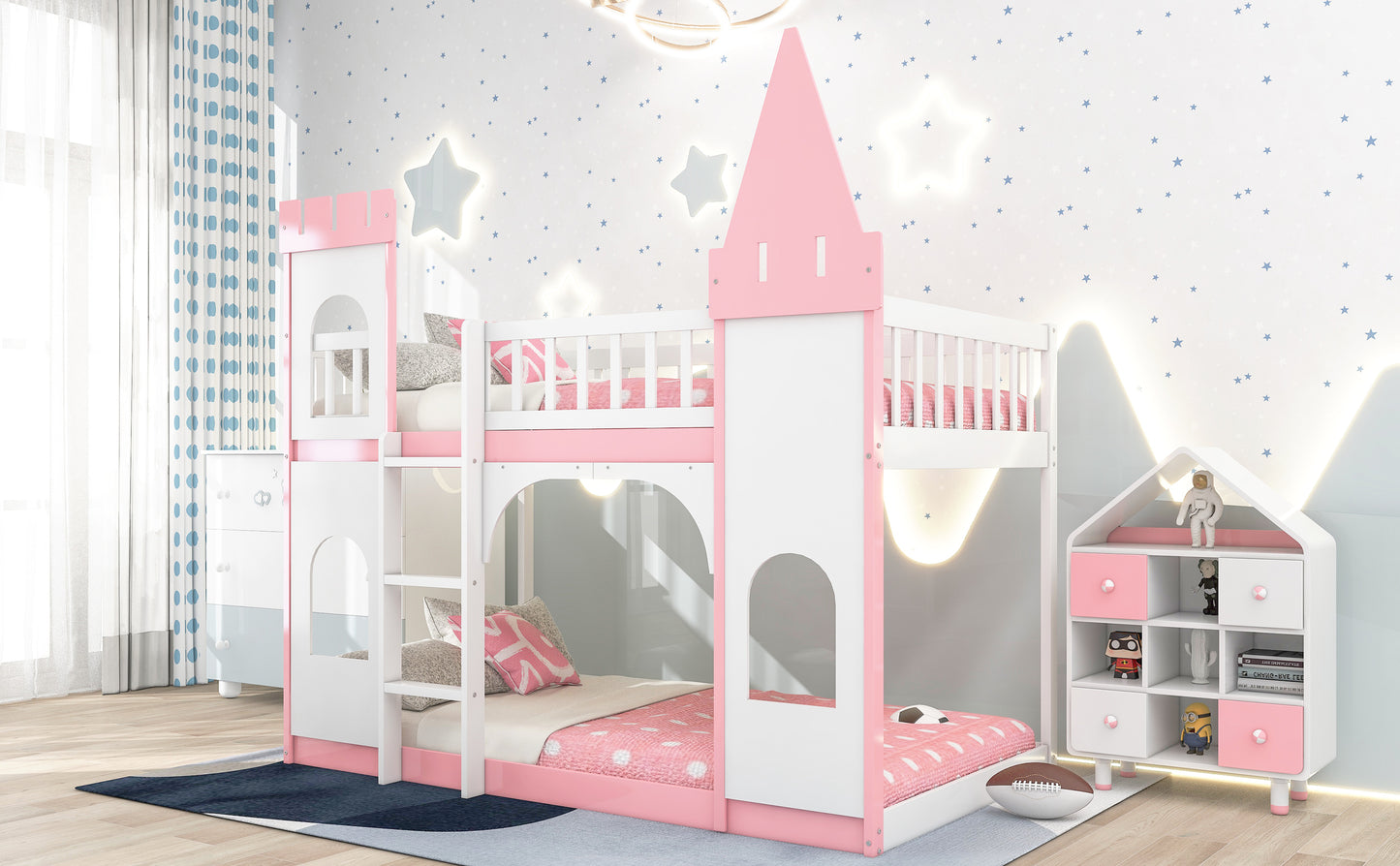 Twin Pink Castle Bunk Bed with Ladder & Play Space