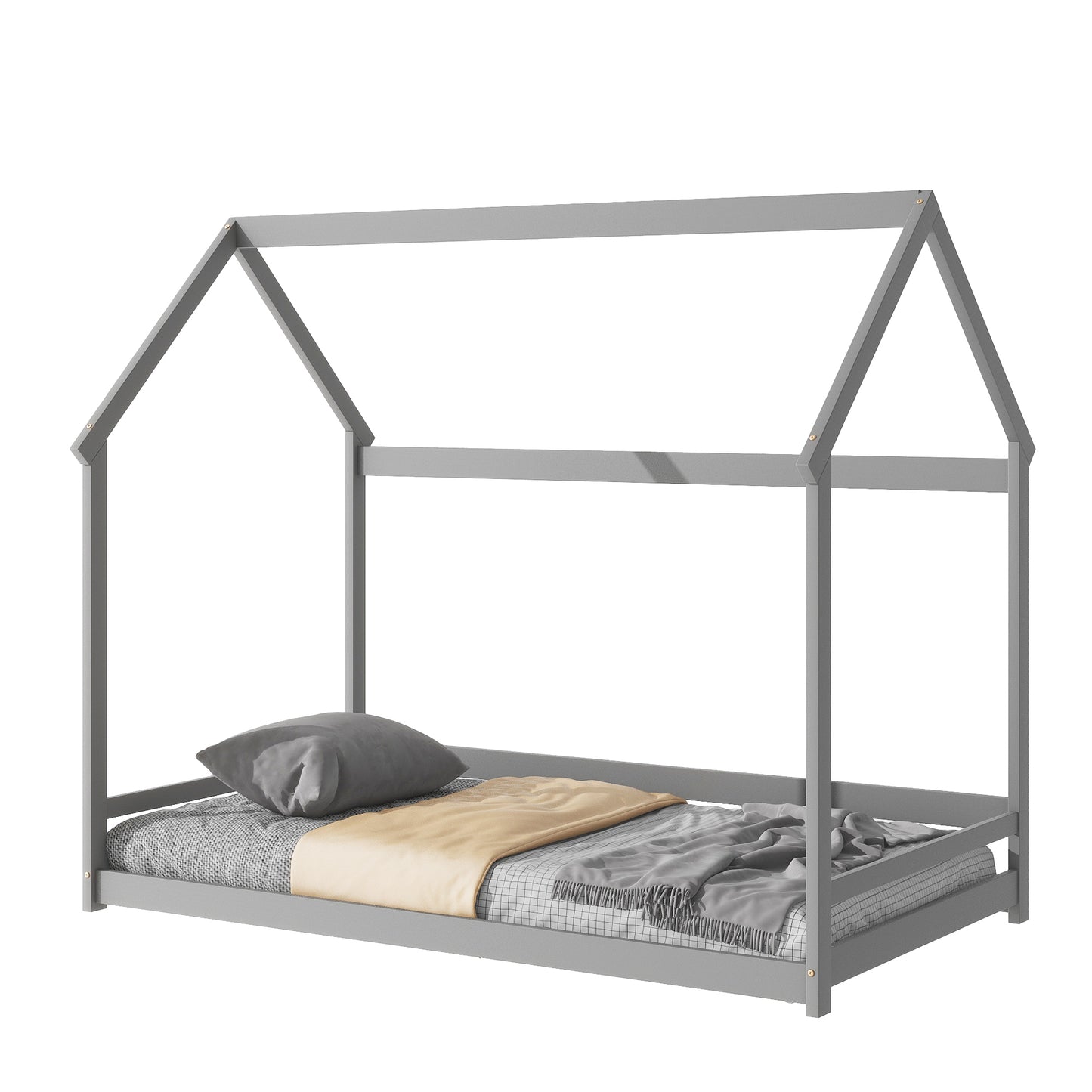 Twin House-Shaped Floor Bed with 2 Detachable Stands,Grey