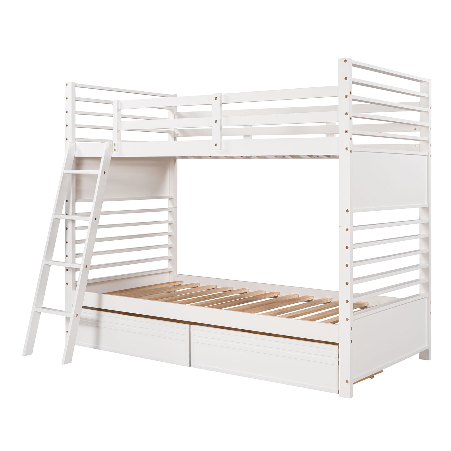 White Twin Bunk Bed with Two Underbed Drawers for Space-Saving Sleepovers