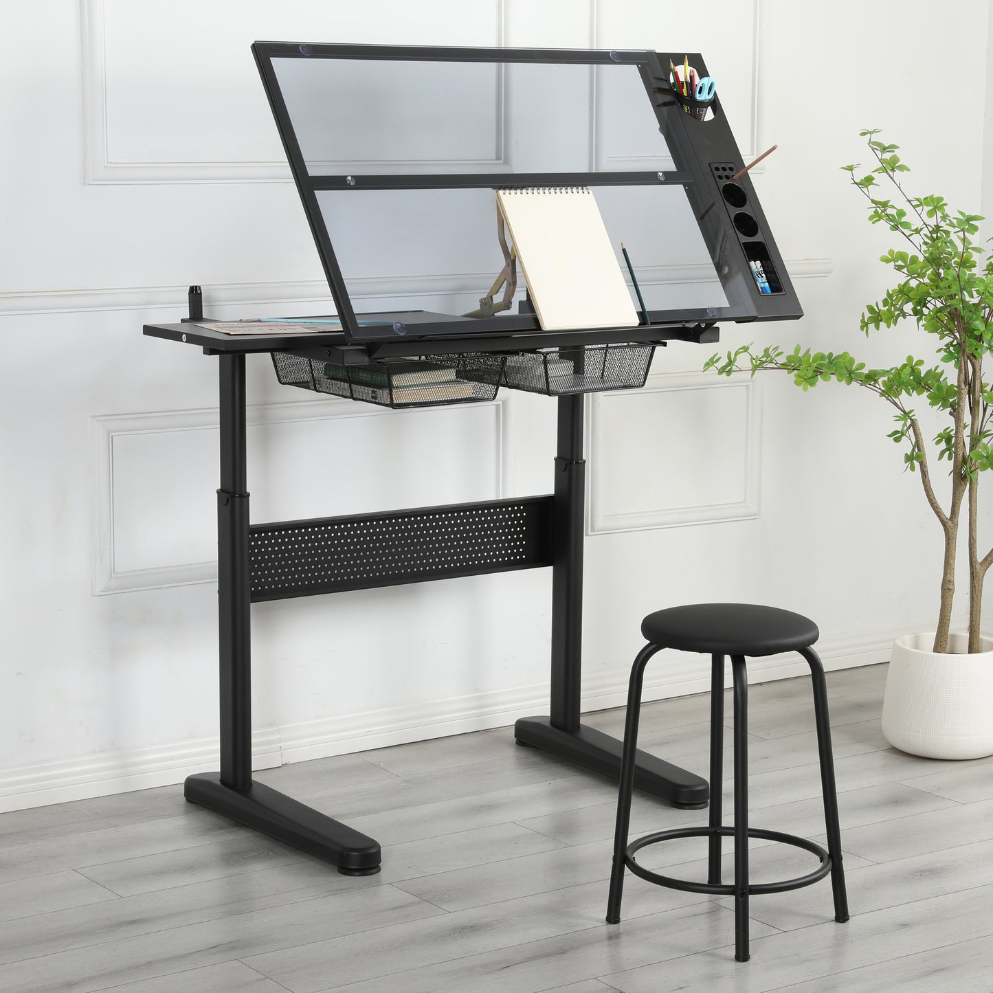 Glass Drafting Table with Adjustable Tilt, Metal Drawers, and Stool