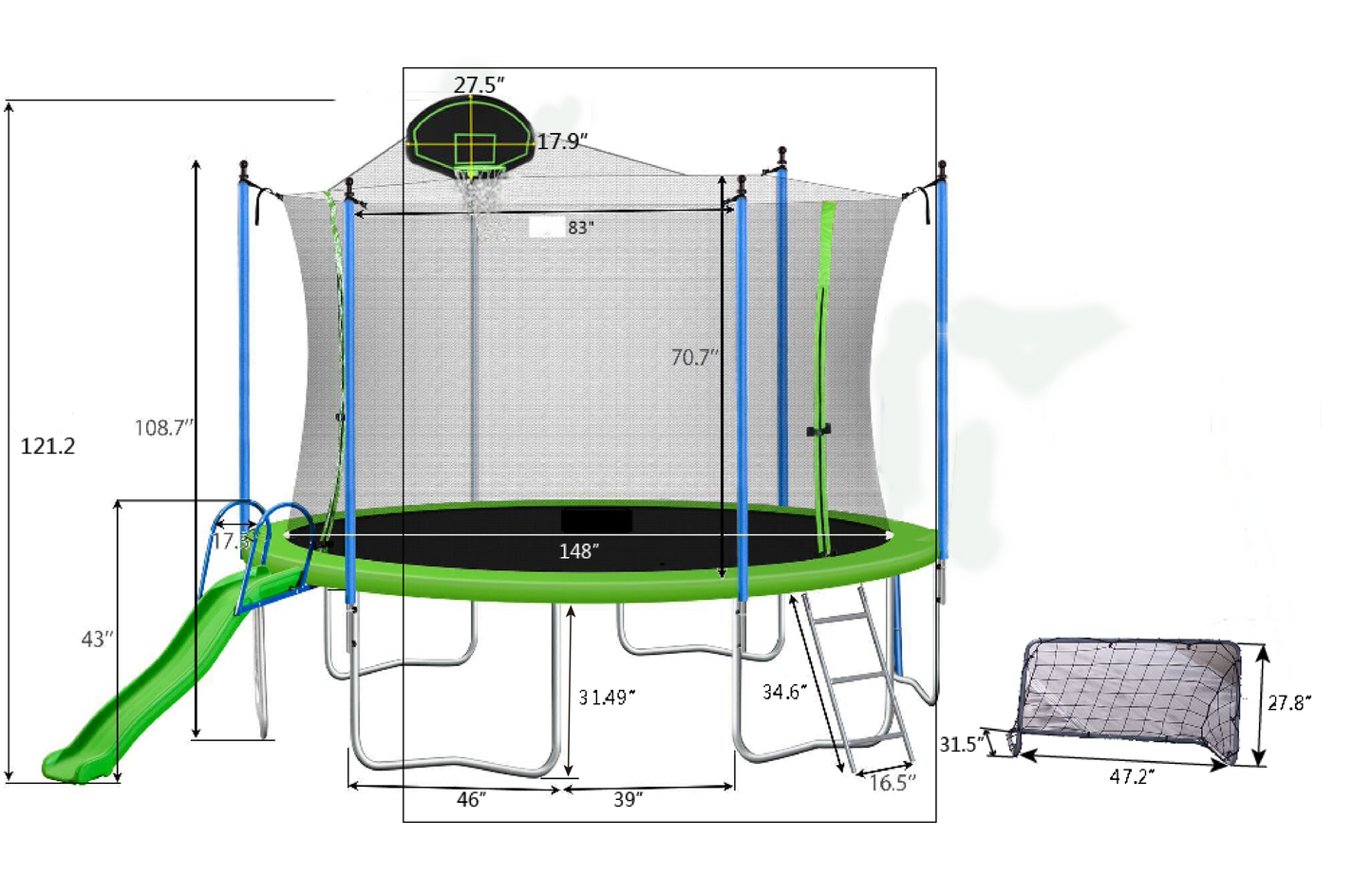 14FT Trampoline with Slide , Outdoor  Trampoline for Kids and Adults with Enclosure Net and Ladder,football goal