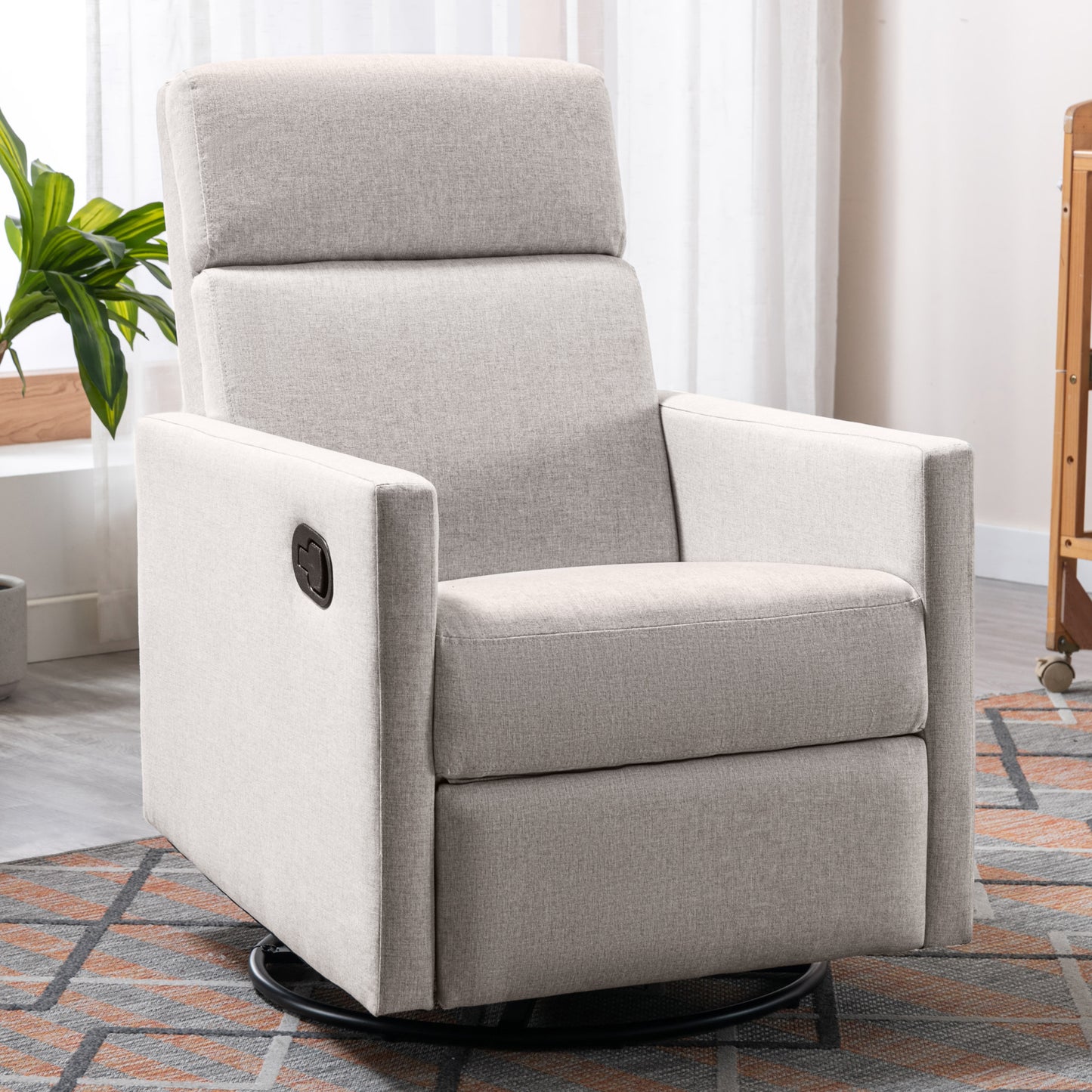 Modern Tan Upholstered Nursery Rocker Chair with Swivel Recliner