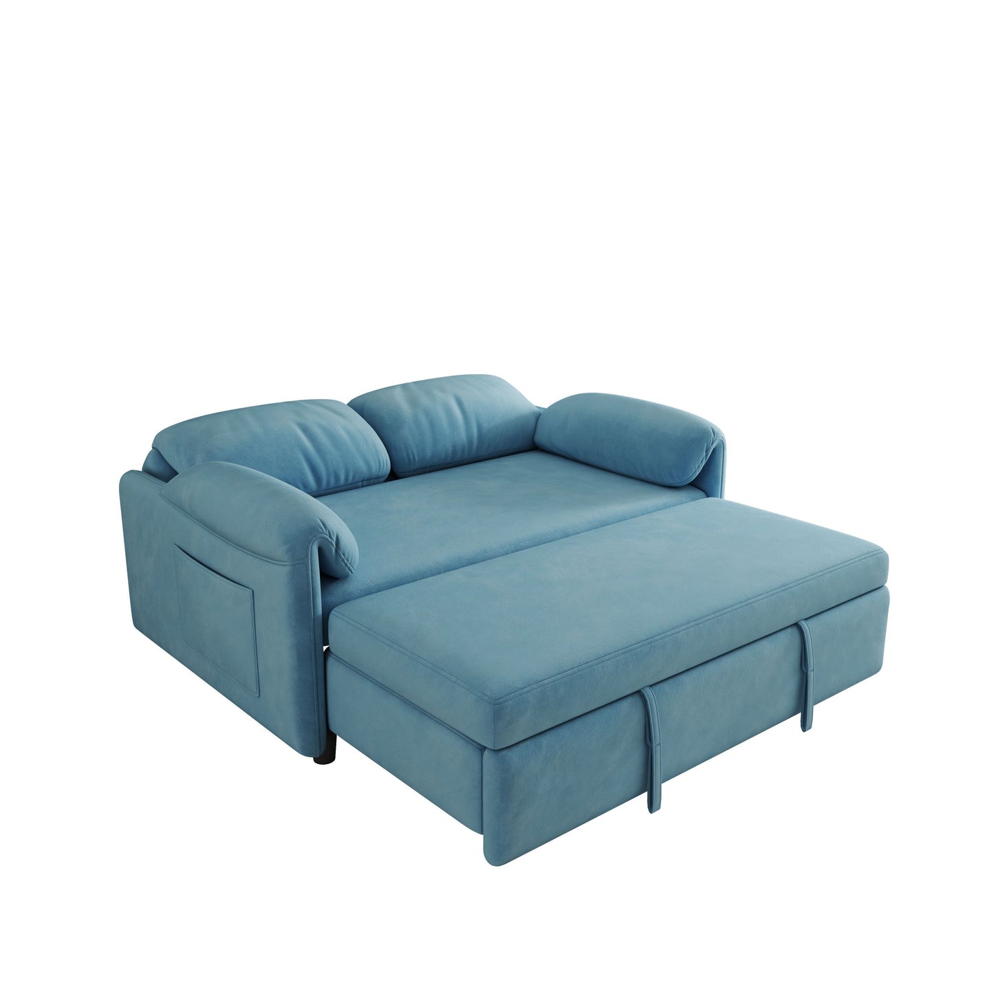 54 Blue Velvet Sofa Bed with Retractable Dual Purpose and Armrest Storage Bag