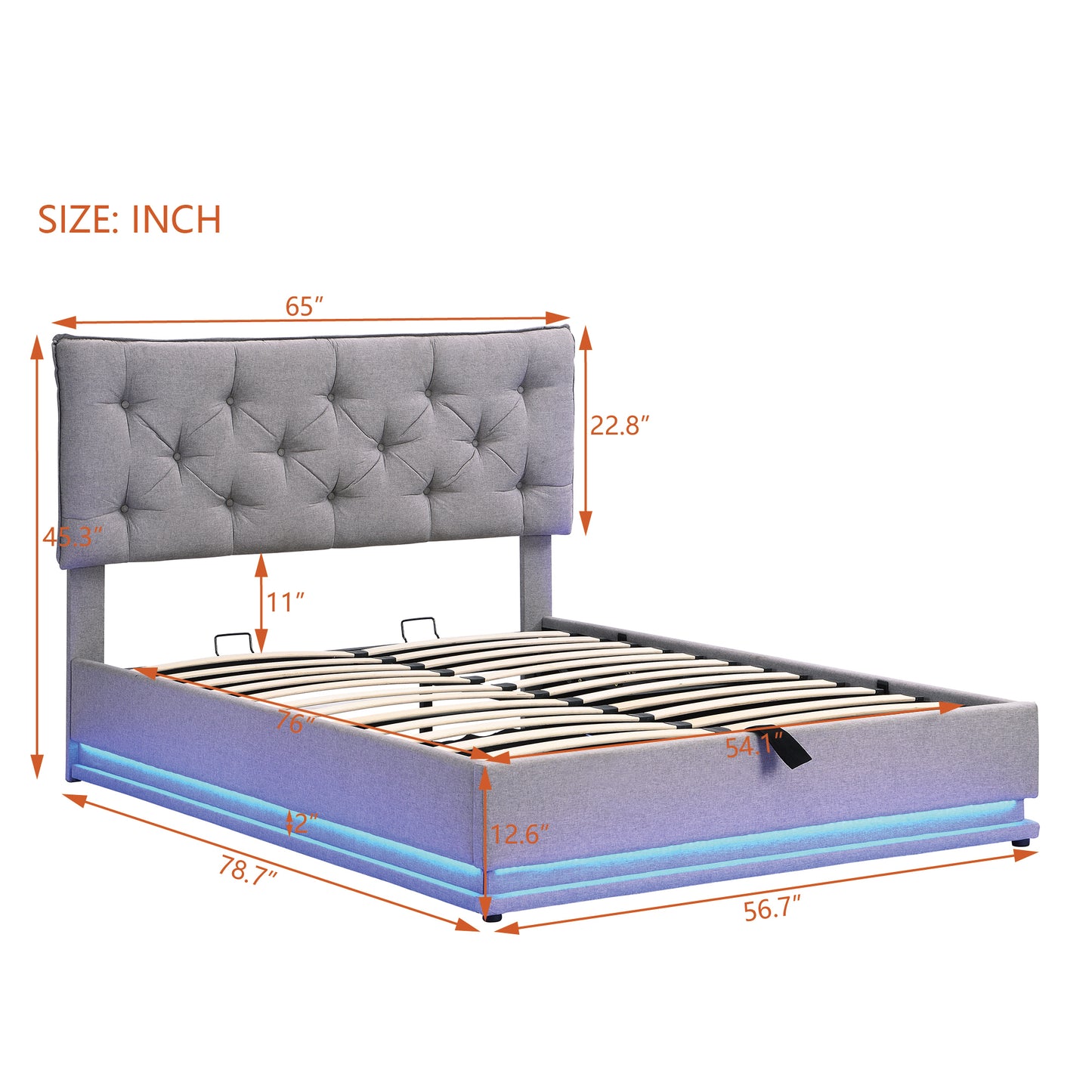 Full Size Upholstered Bed with Hydraulic Storage System and LED Light, Modern Platform Bed with Button-tufted Design Headboard, Gray