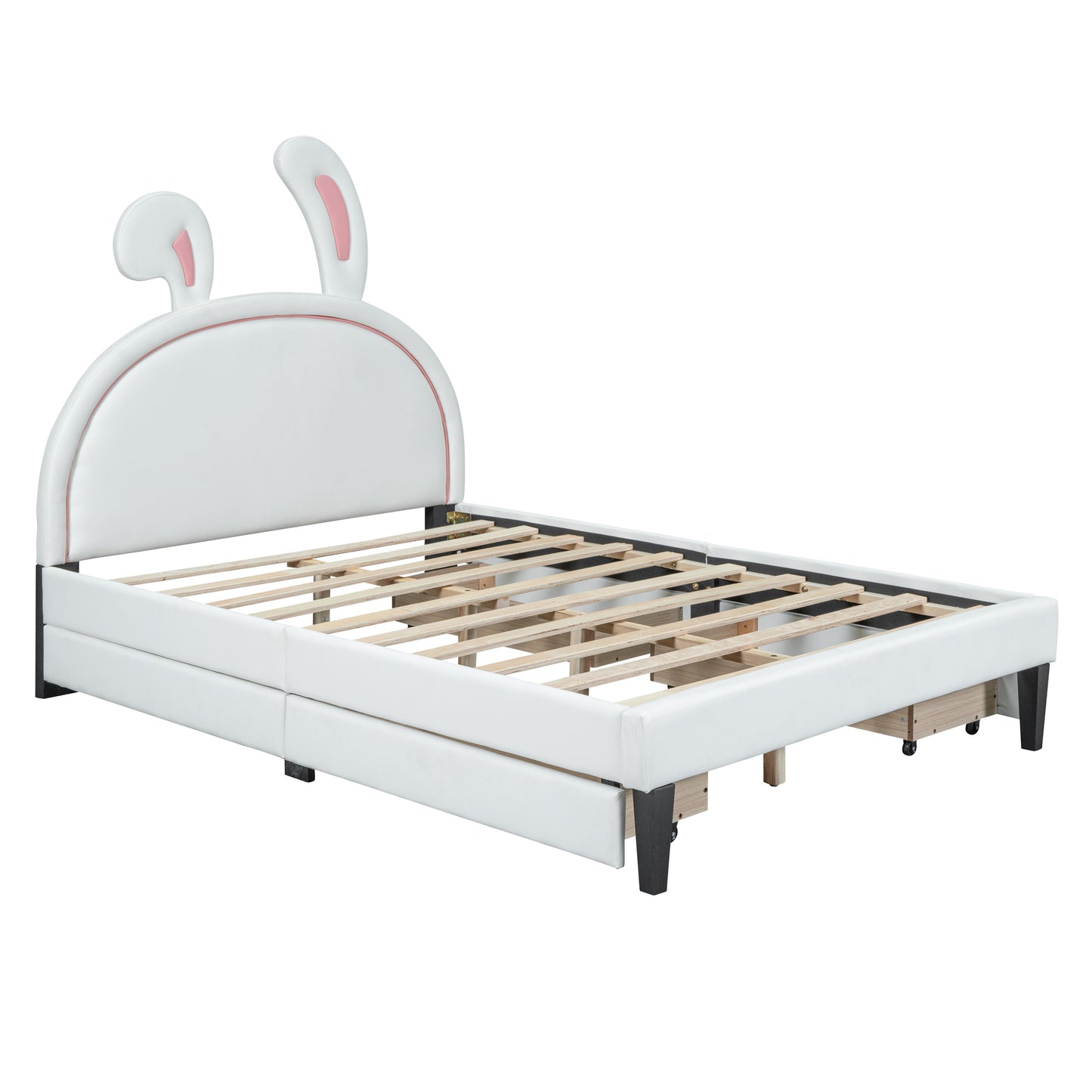 Full Size Upholstered Leather Platform Bed with Rabbit Ornament and 4 Drawers, White