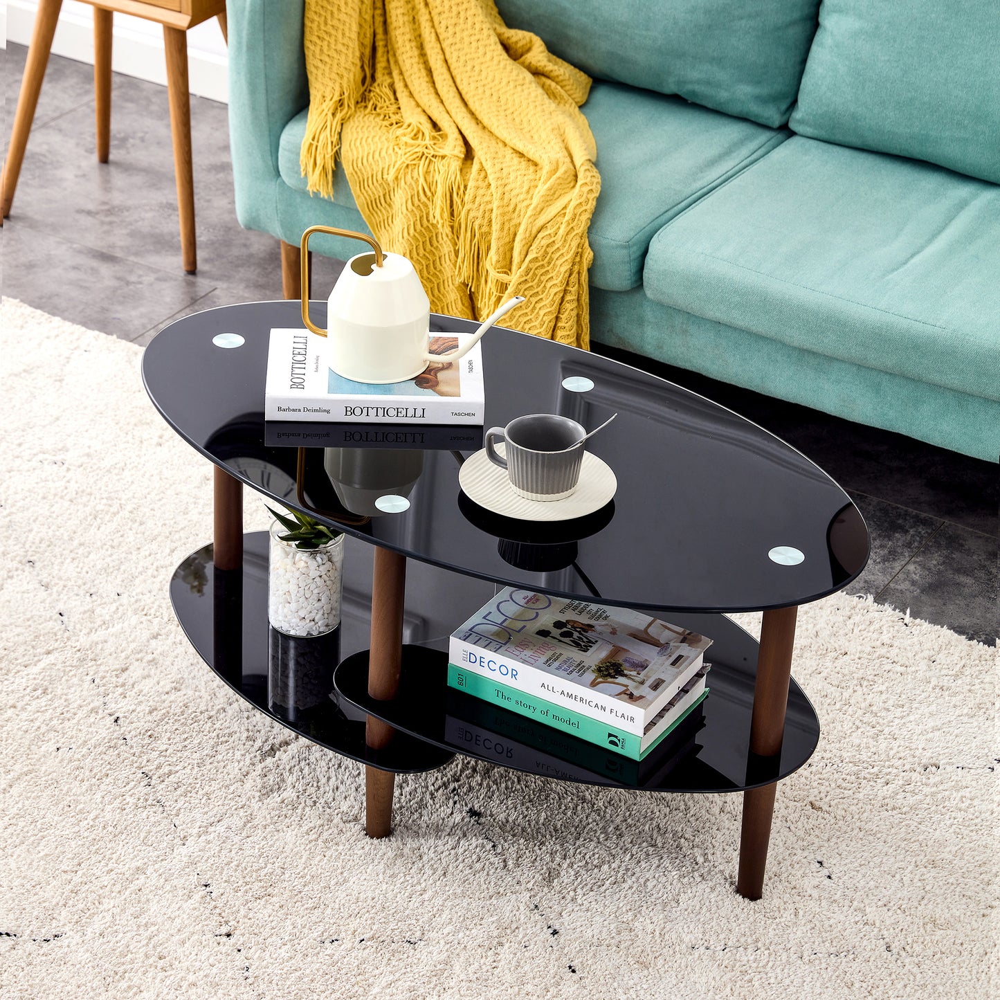 Stylish Black Oval Glass Coffee Table with Oak Wood Legs and Versatile Features