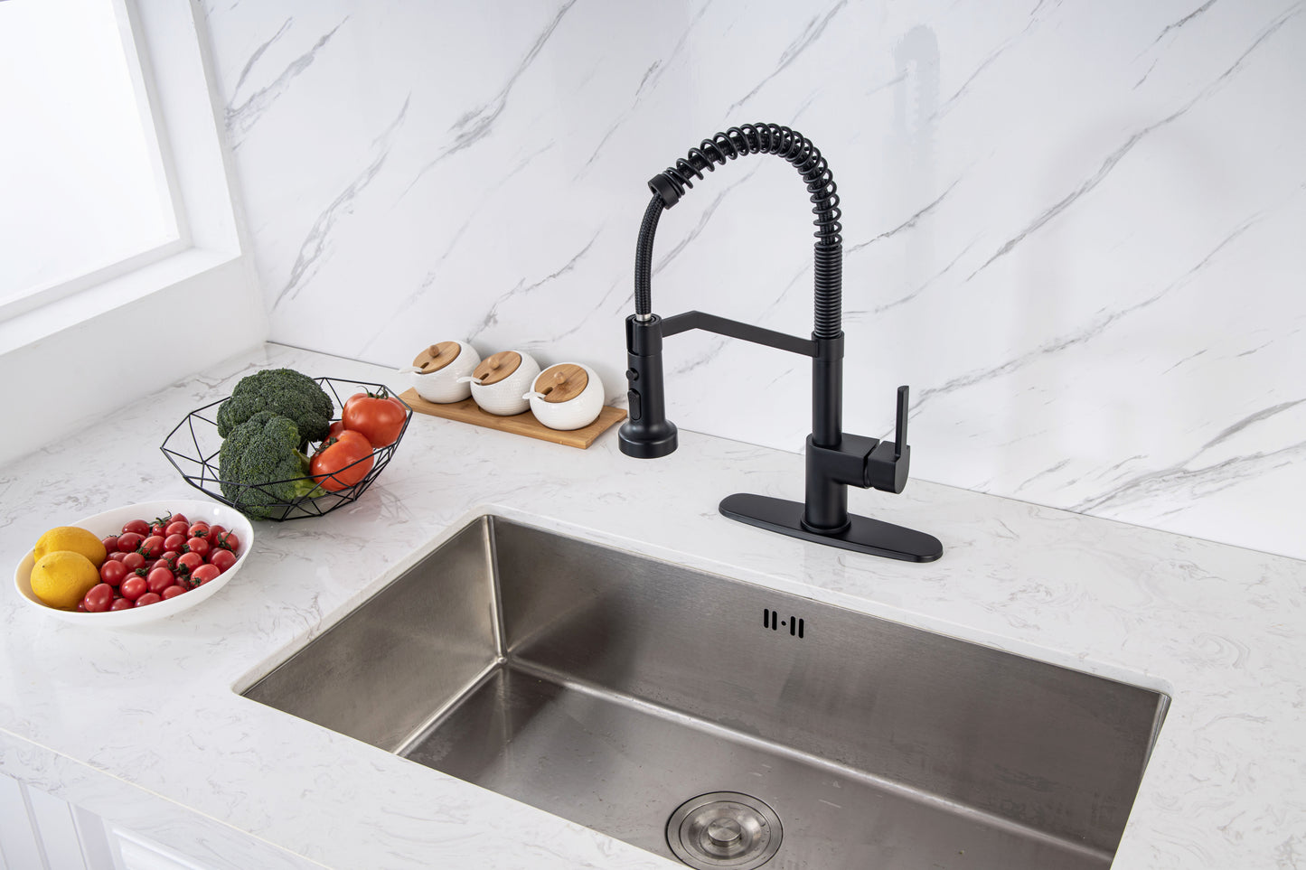 Kitchen Faucet, Kitchen Faucets with Pull Down Sprayer WEWE Sus304 Stainless Steel Matte Black Industrial Single Handle One Hole Or 3 Hole Faucet for Farmhouse Camper Laundry Utility Rv Wet Bar Sinks