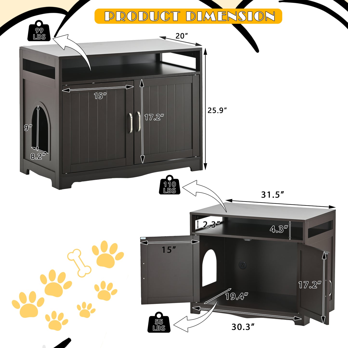 Litter Box Enclosure, Cat Litter Box Furniture with Hidden Plug, 2 Doors,Indoor Cat Washroom Storage Bench Side Table Cat House, Large Wooden Enclused Litter Box House, Esspresso