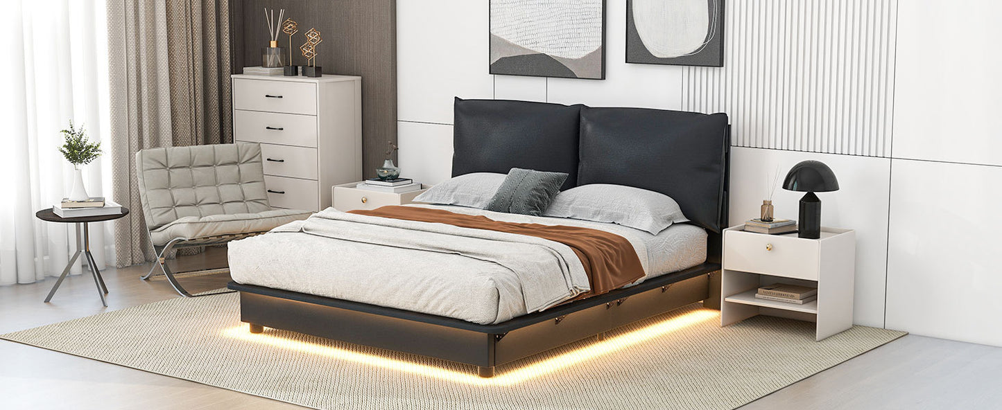 Queen Size Upholstered Platform Bed with Sensor Light and Ergonomic Design Backrests, Black