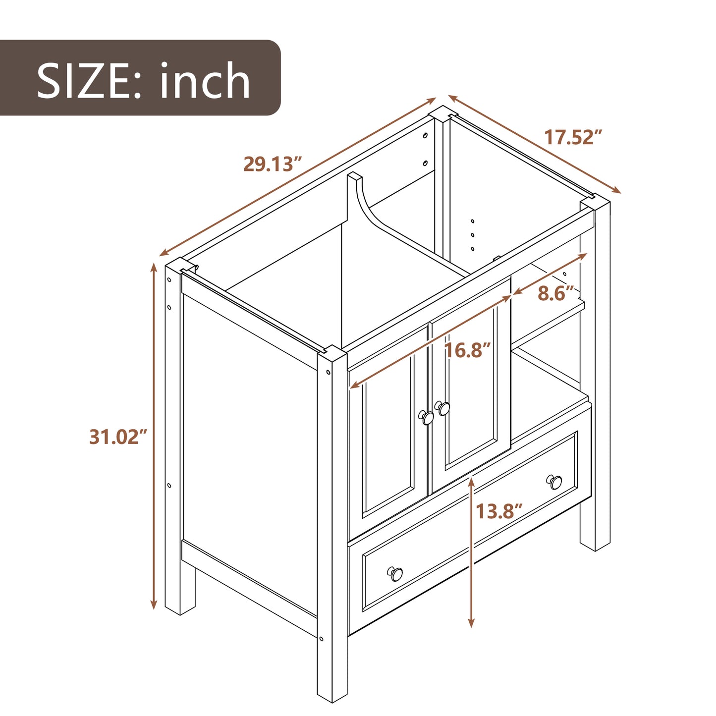 30" Bathroom Vanity Base Only, Solid Wood Frame, Bathroom Storage Cabinet with Doors and Drawers, Brown