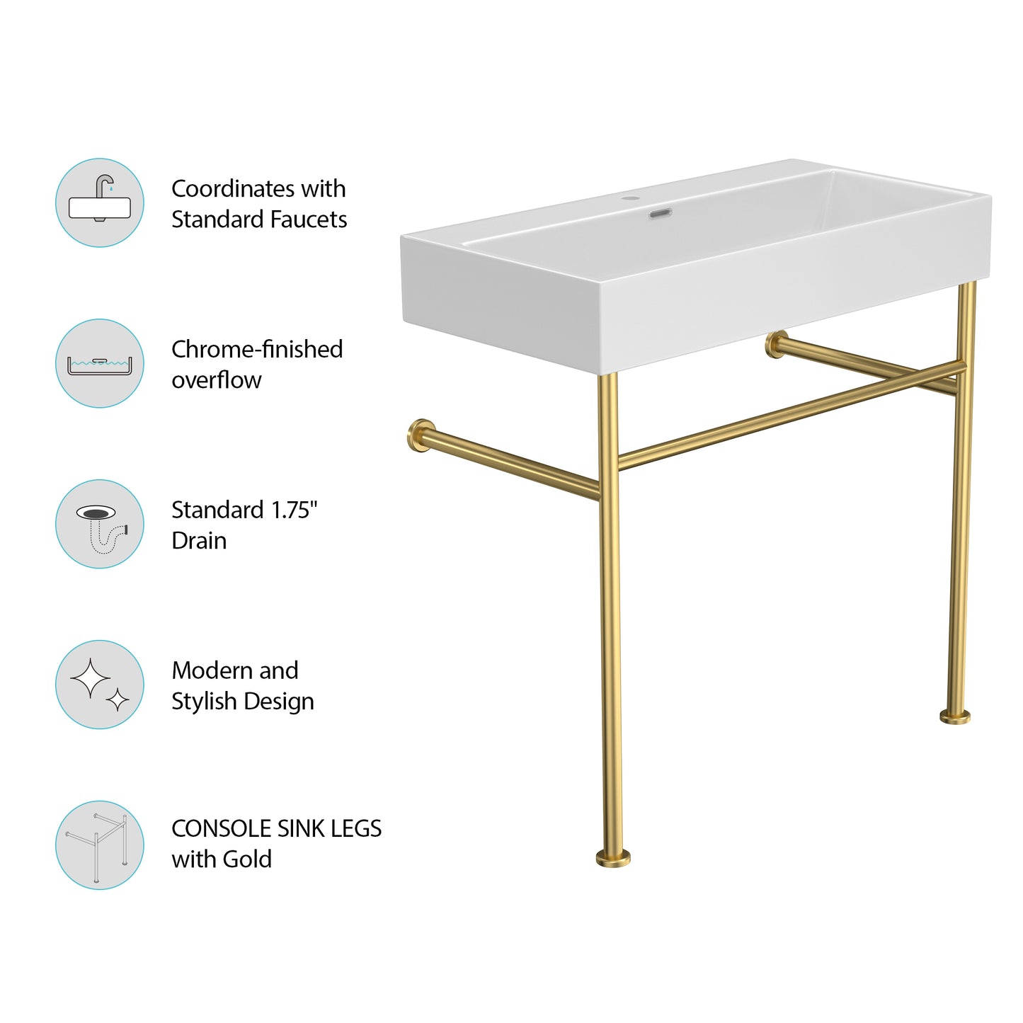 30" Bathroom Console Sink with Overflow,Ceramic Console Sink White Basin Gold Legs