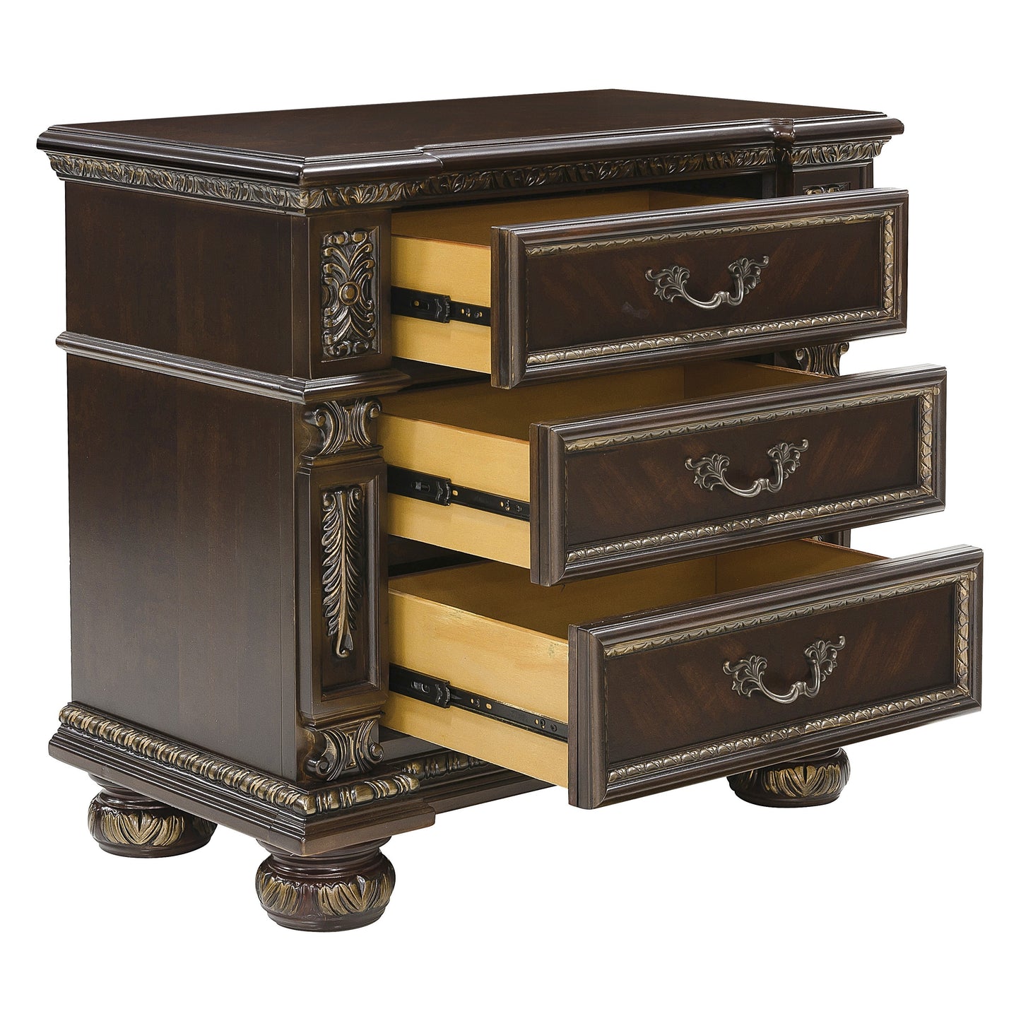 Traditional Design Dark Cherry Finish with Gold Tipping 1pc Nightstand of 3x Drawers Formal Style Bedroom Furniture